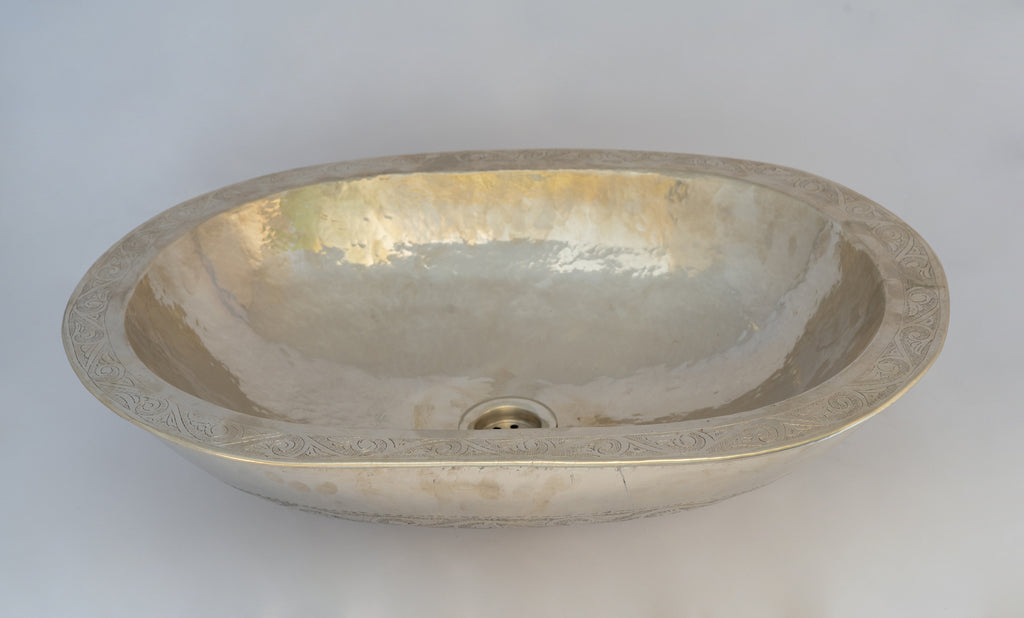 Oval Silver Bathroom Sink – German Silver Vessel Sink – Countertop Washbasin for Powder Room