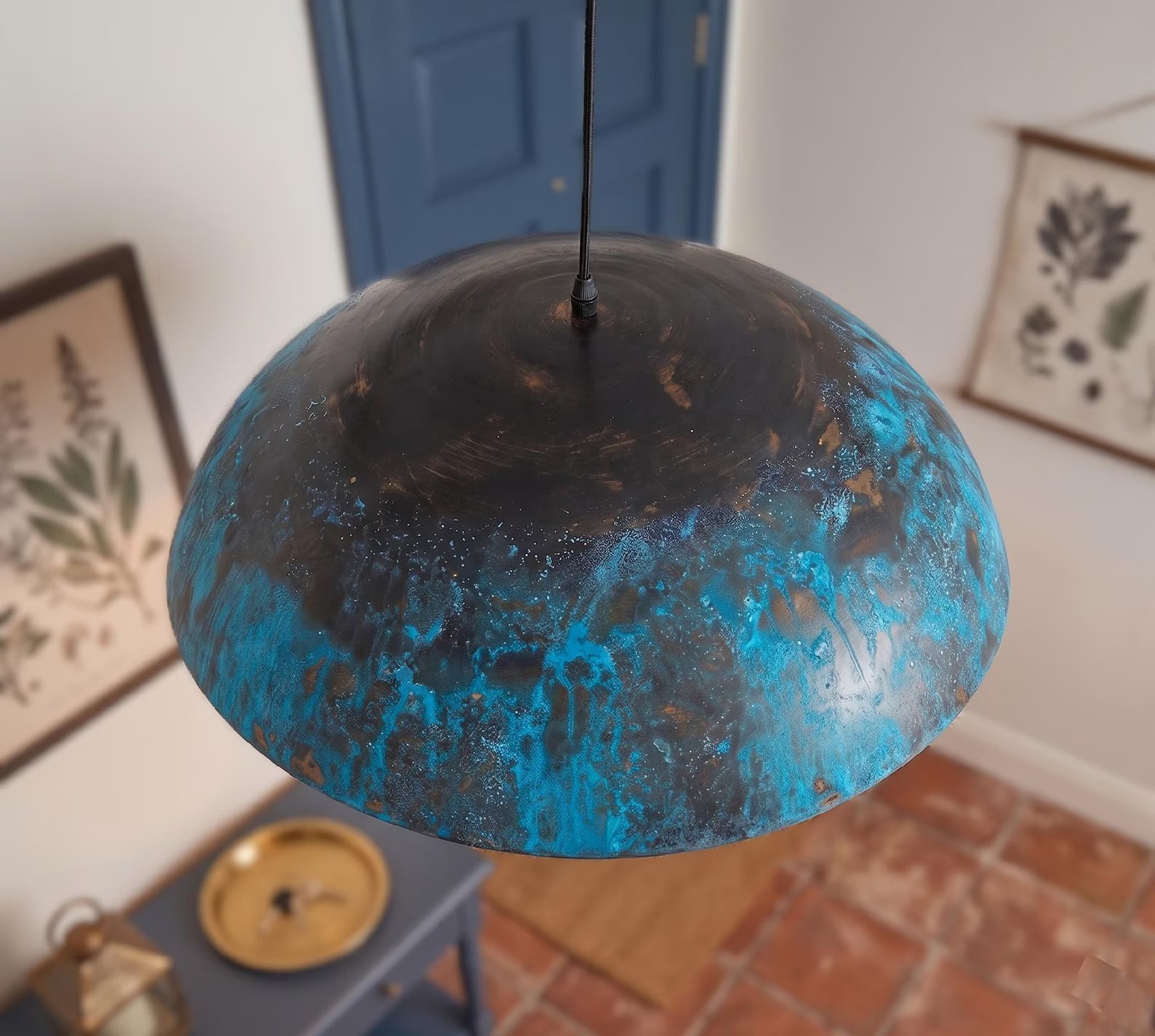 Copper Dome Pendant Light, Blue Patina Hanging Lamp, Ceiling Fixture for Entryway
