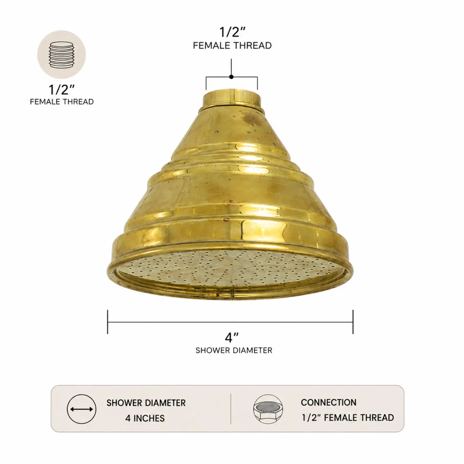 Vintage Solid Brass 4-Inch Rain Shower Head, Farmhouse Bell Design