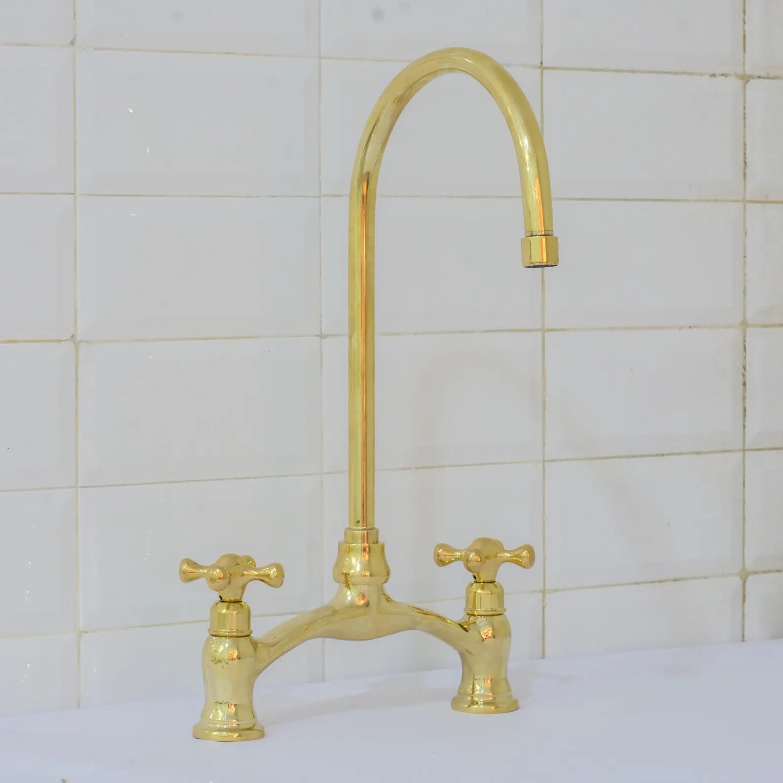 Unlacquered Brass Arched Bridge Faucet, 2-Hole Kitchen Faucet, Gooseneck Sink Faucet