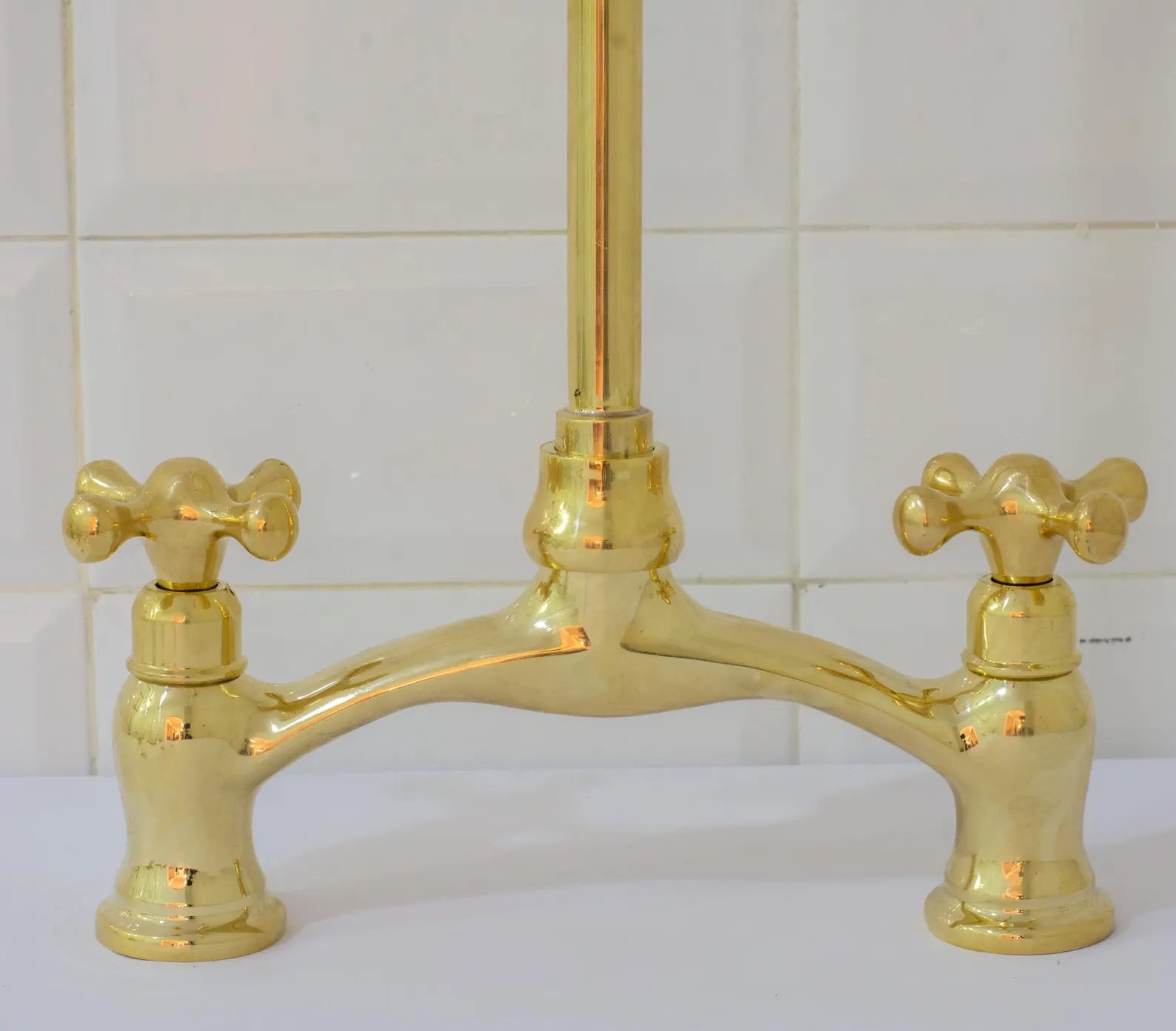 Unlacquered Brass Arched Bridge Faucet, 2-Hole Kitchen Faucet, Gooseneck Sink Faucet