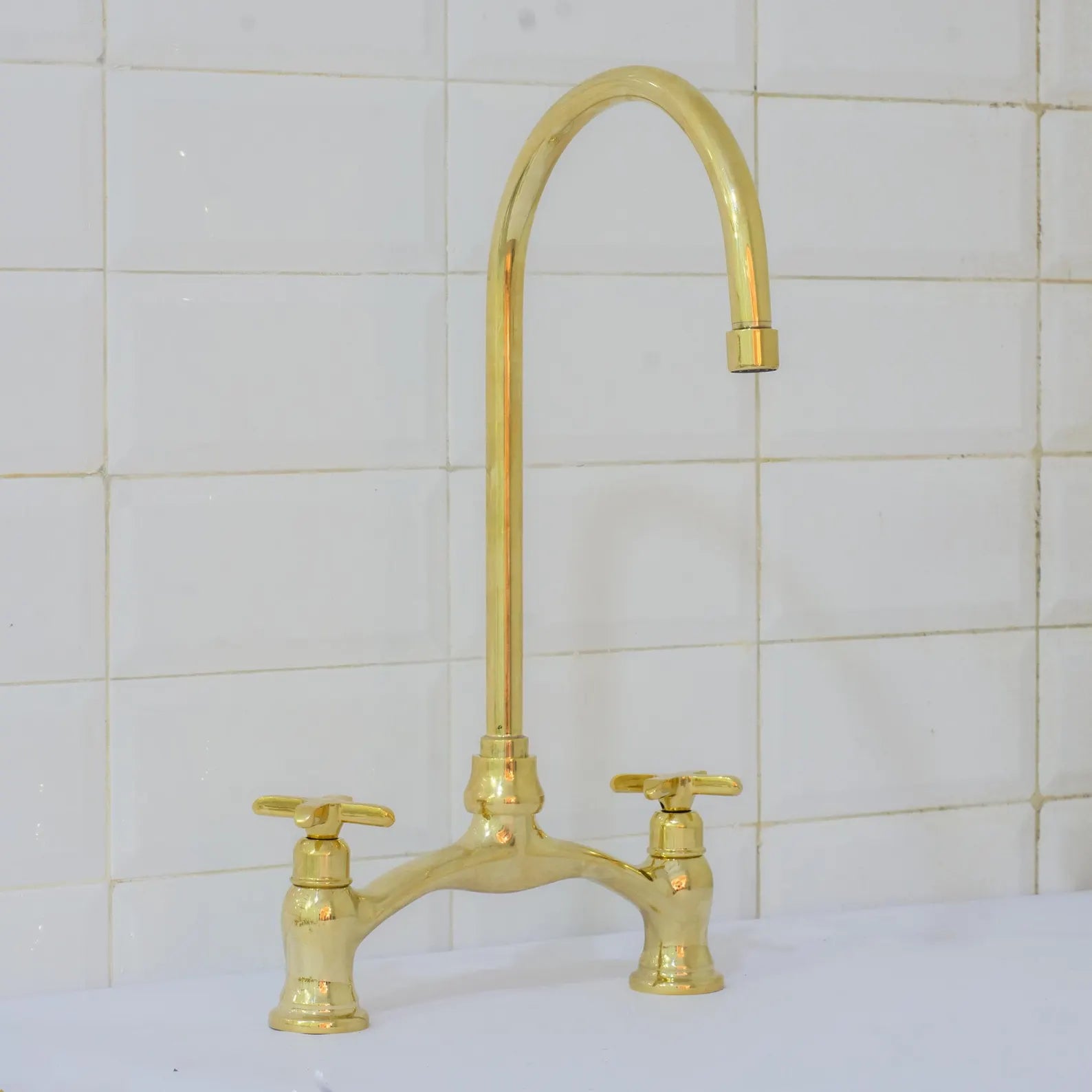 Unlacquered Brass Arched Bridge Faucet, 2-Hole Kitchen Faucet, Gooseneck Sink Faucet