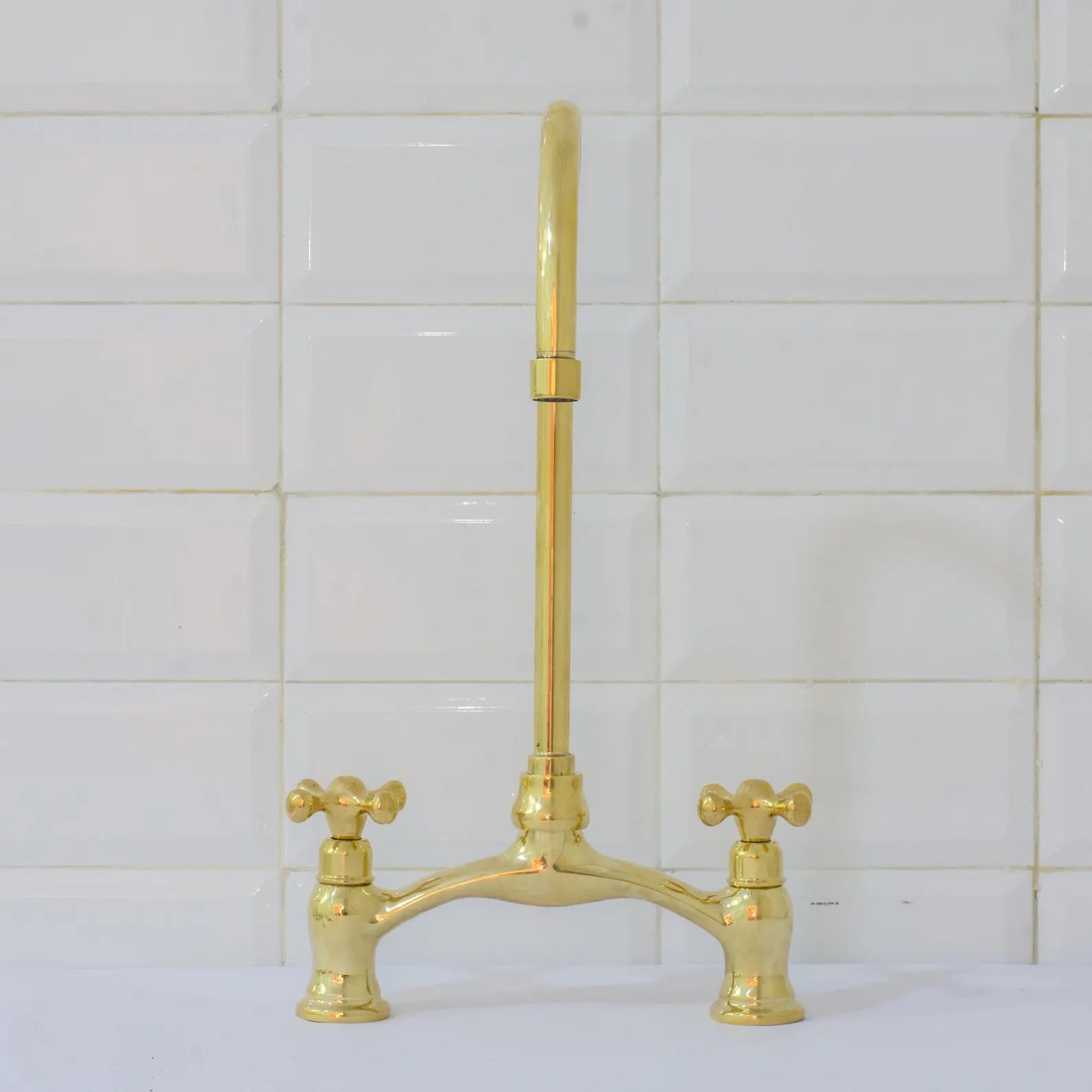 Unlacquered Brass Arched Bridge Faucet, 2-Hole Kitchen Faucet, Gooseneck Sink Faucet