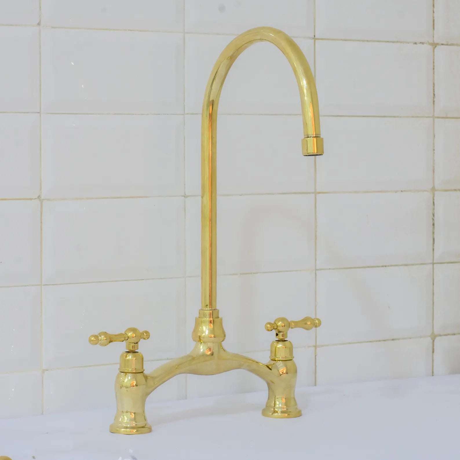 Unlacquered Brass Arched Bridge Faucet, 2-Hole Kitchen Faucet, Gooseneck Sink Faucet