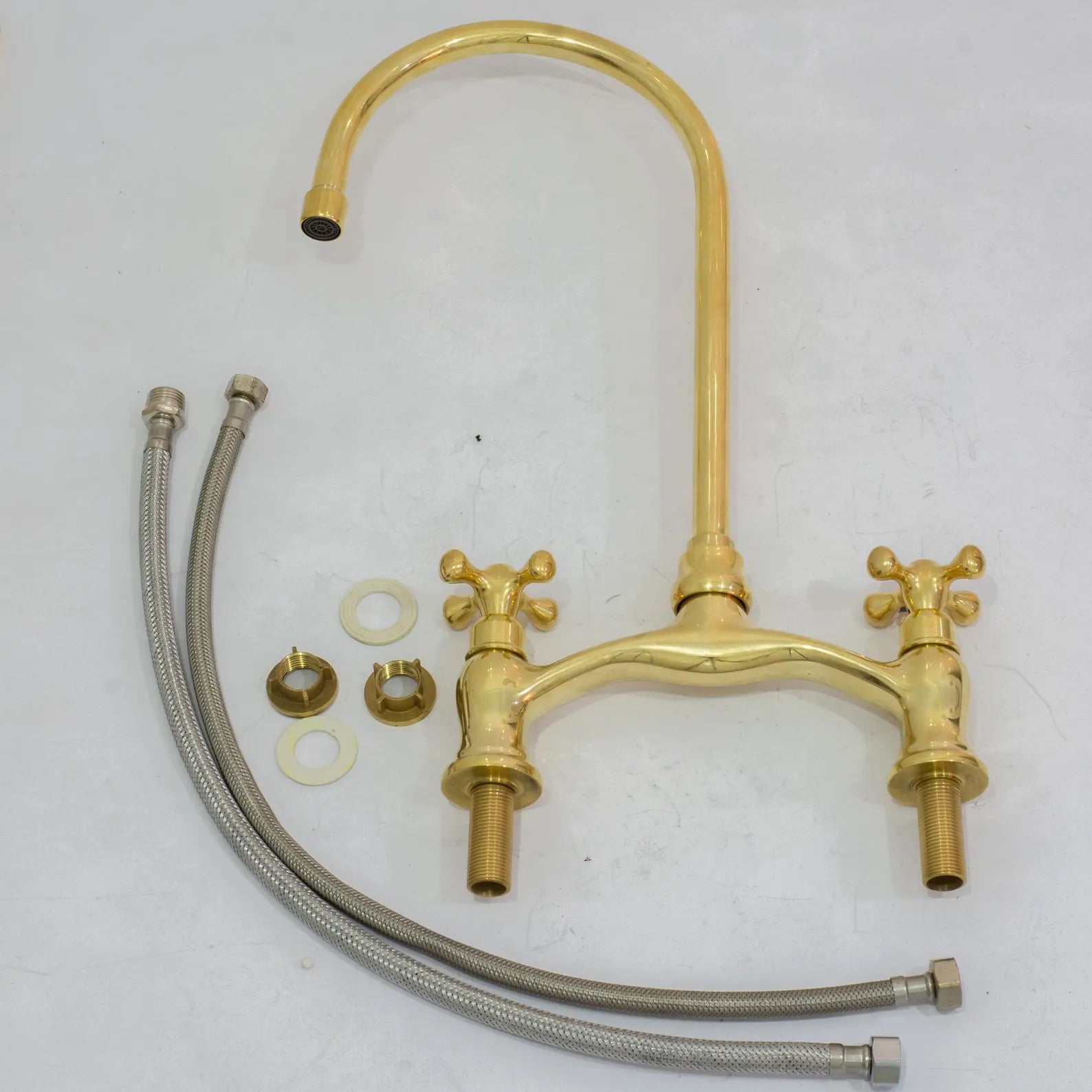 Unlacquered Brass Arched Bridge Faucet, 2-Hole Kitchen Faucet, Gooseneck Sink Faucet