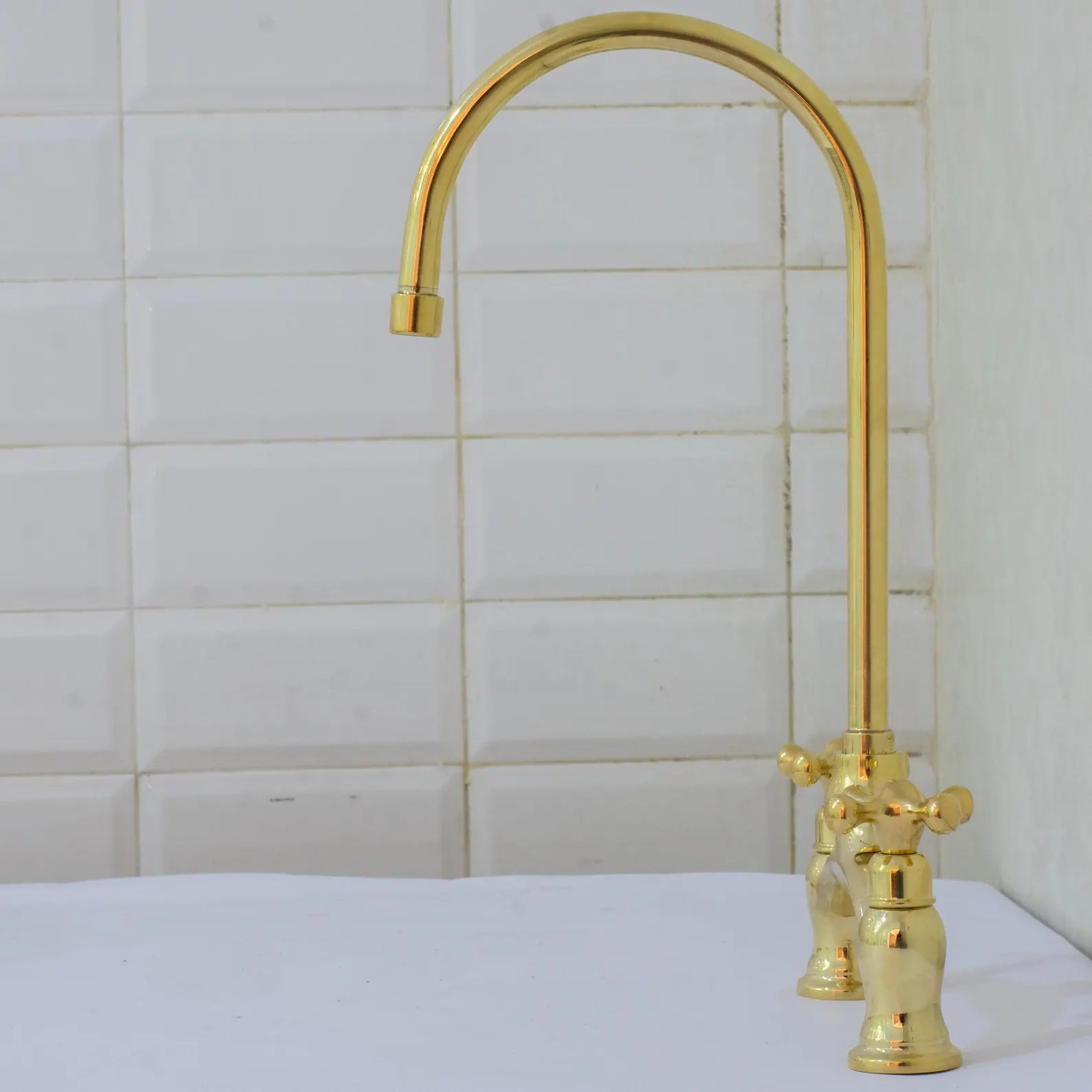 Unlacquered Brass Arched Bridge Faucet, 2-Hole Kitchen Faucet, Gooseneck Sink Faucet