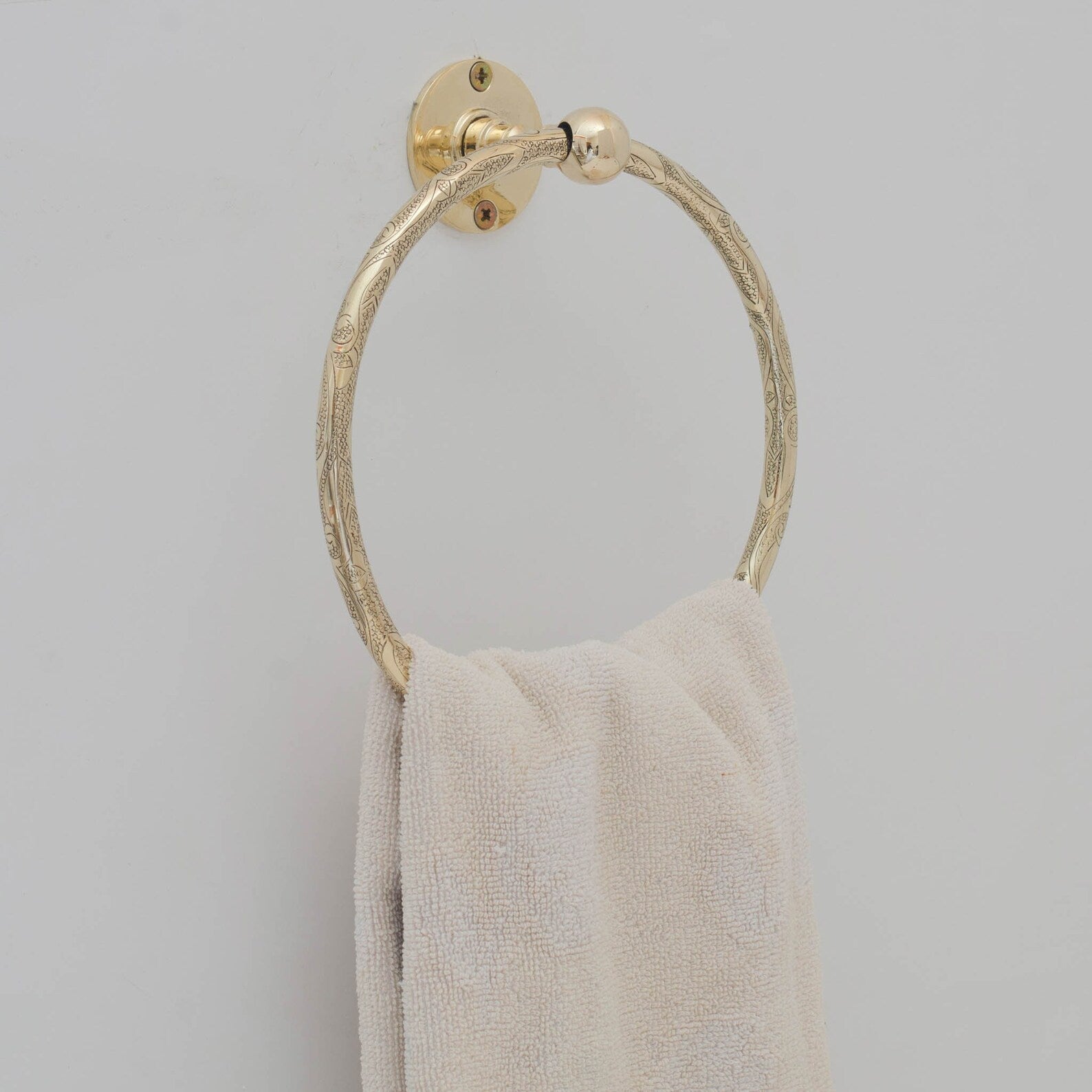 Unlacquered Brass Engraved Towel Hanger, Bathroom Wall Mounted Towel Ring