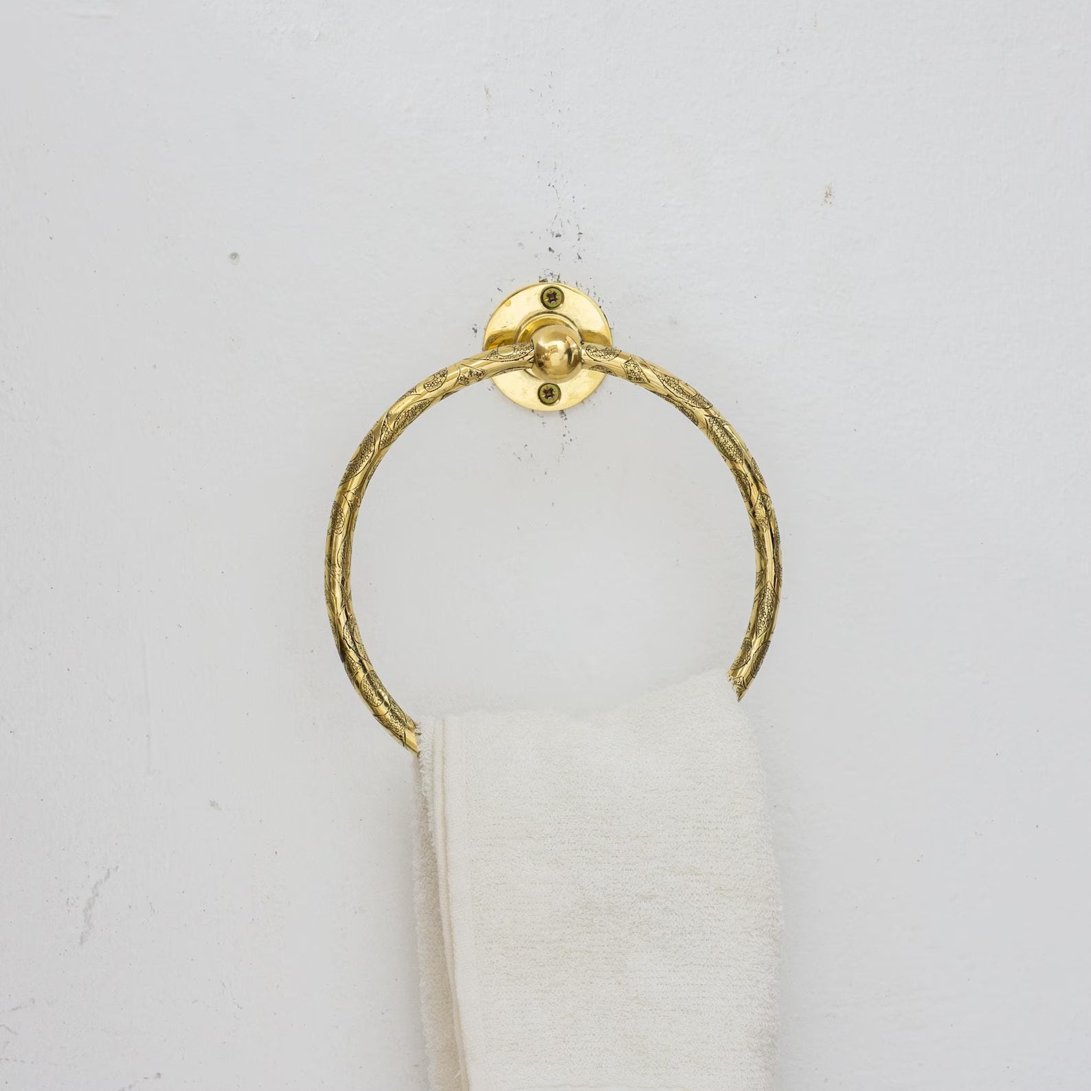 Unlacquered Brass Engraved Towel Hanger, Bathroom Wall Mounted Towel Ring