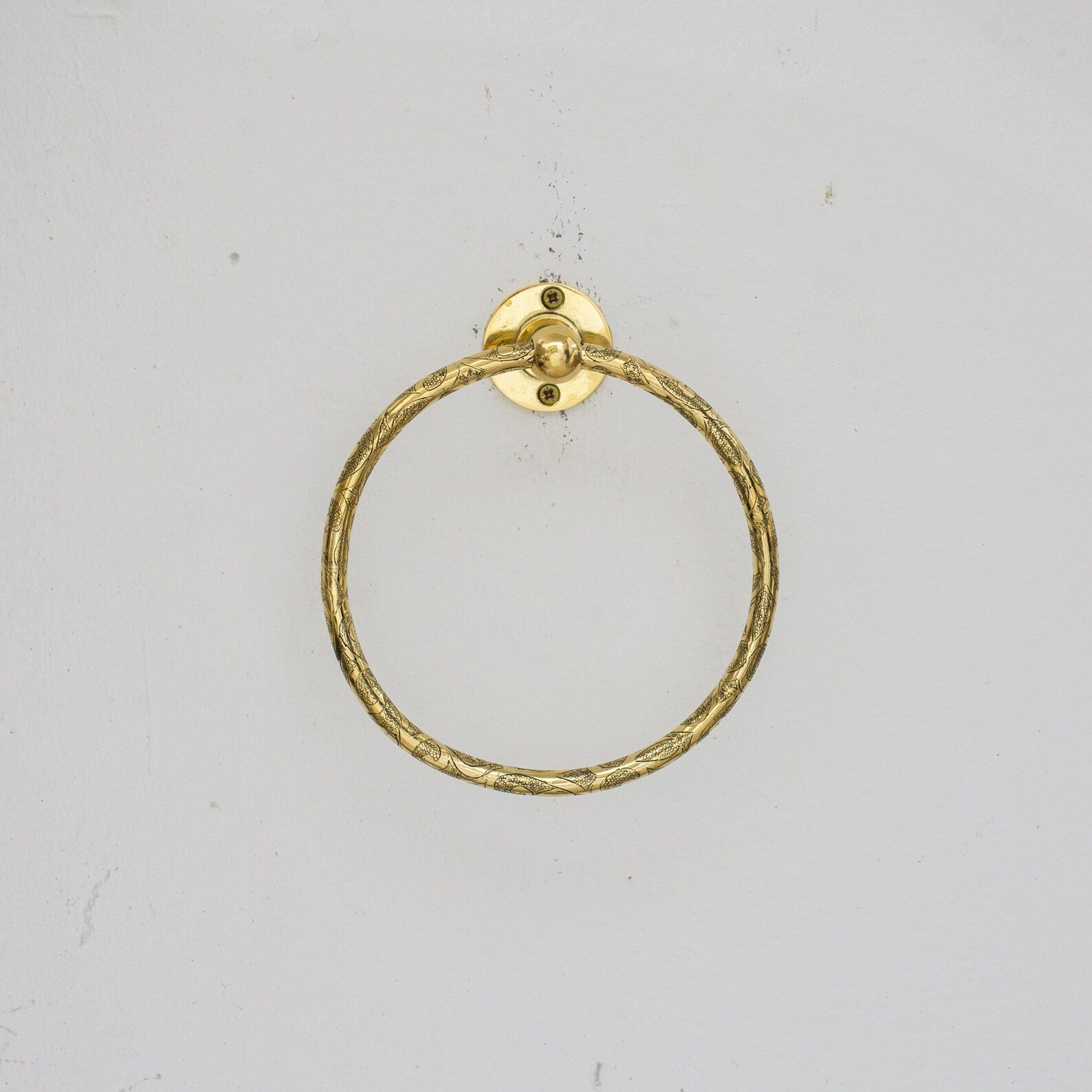 Unlacquered Brass Engraved Towel Hanger, Bathroom Wall Mounted Towel Ring