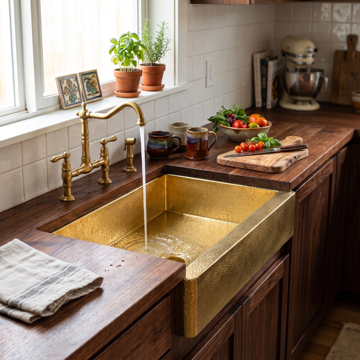 Hammered solid brass apron front kitchen sink set into a dark wood butcher block countertop with a bridge faucet