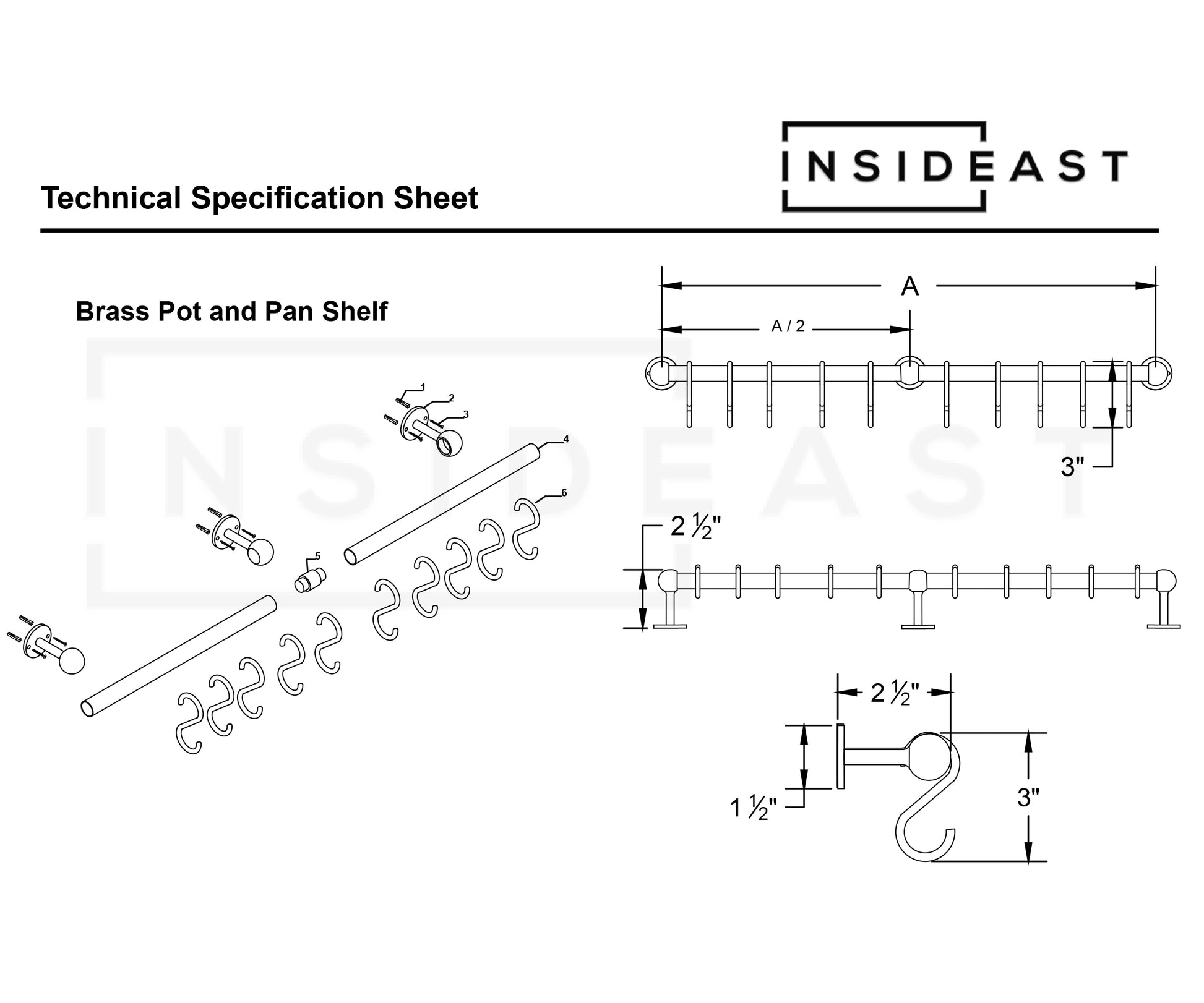 Unlacquered Brass Kitchen Rods, Pot Rail With S Hooks, Pan Rack organizer, Wall Mounted Brass Kitchen Rod with Hooks
