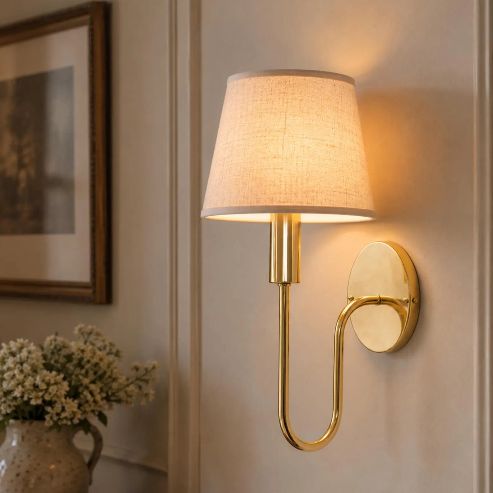 Solid Brass Wall Sconce with Linen Shade, Vintage Modern Bedside Reading Light