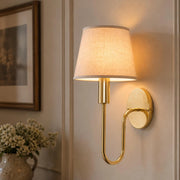 Solid Brass Wall Sconce with Linen Shade, Vintage Modern Bedside Reading Light