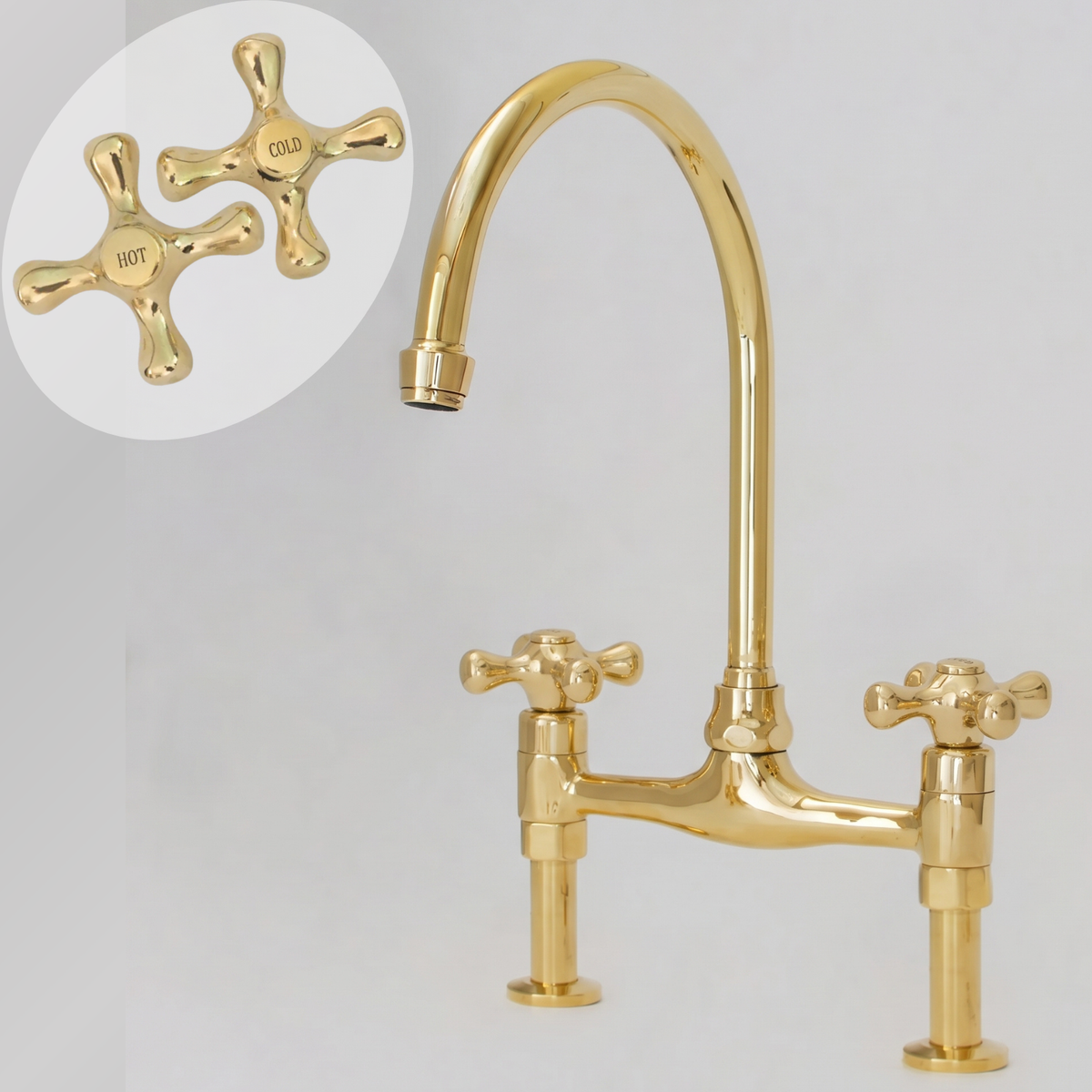 Bridgeford - Unlacquered Solid Brass Bridge Kitchen Faucet, Hot & Cold Handles
