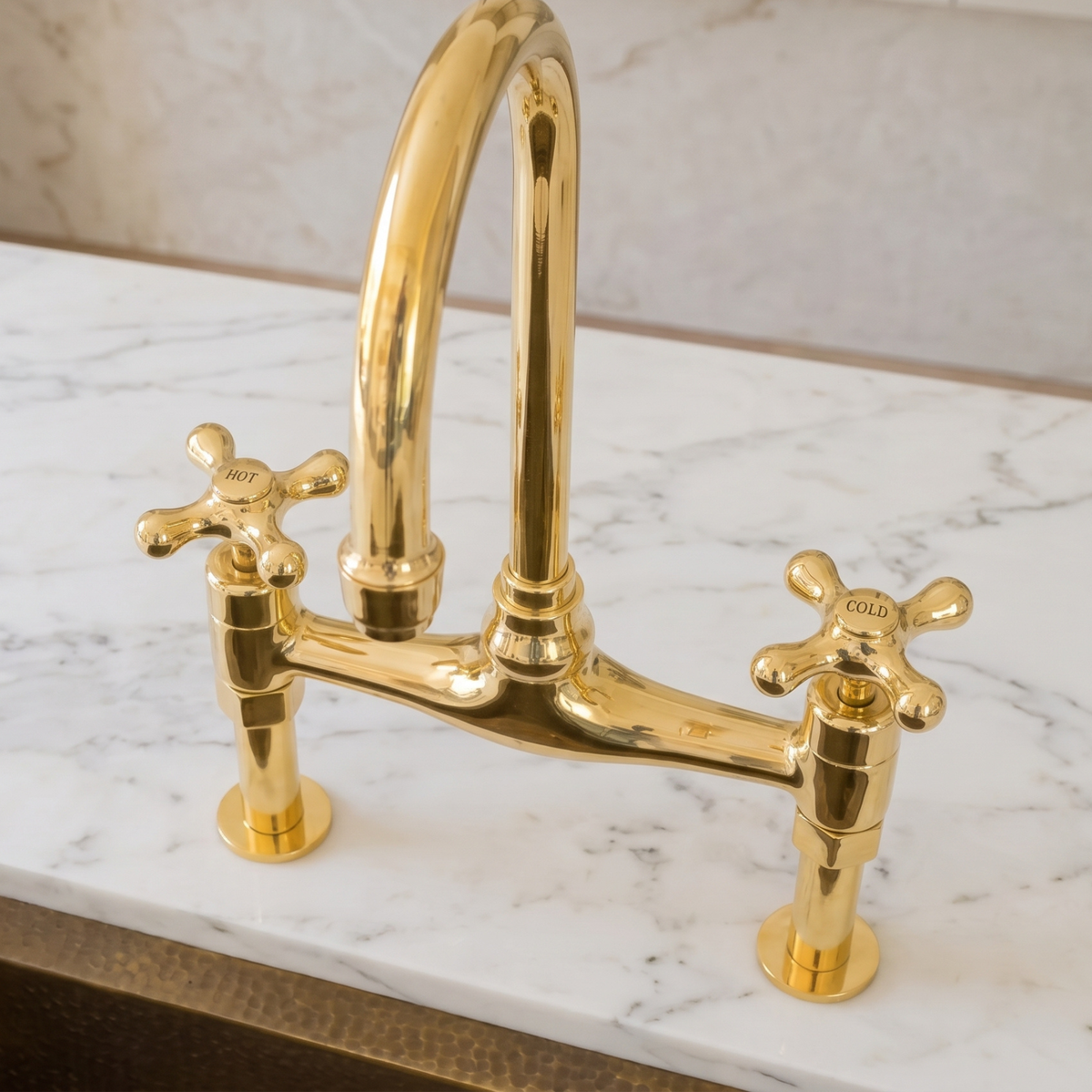 Bridgeford - Unlacquered Solid Brass Bridge Kitchen Faucet, Hot & Cold Handles