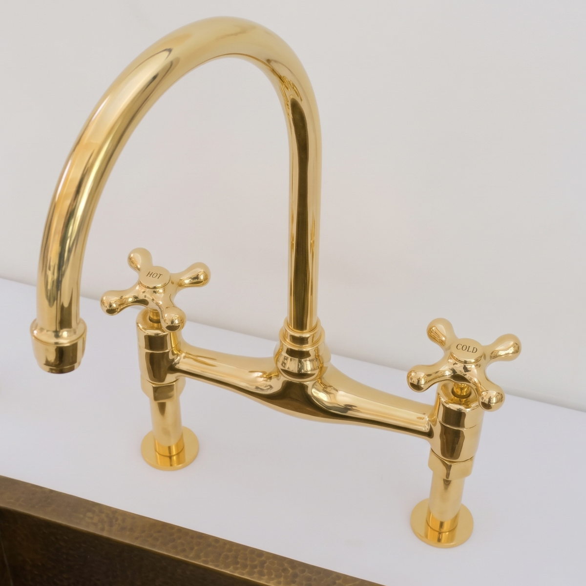 Bridgeford - Unlacquered Solid Brass Bridge Kitchen Faucet, Hot & Cold Handles
