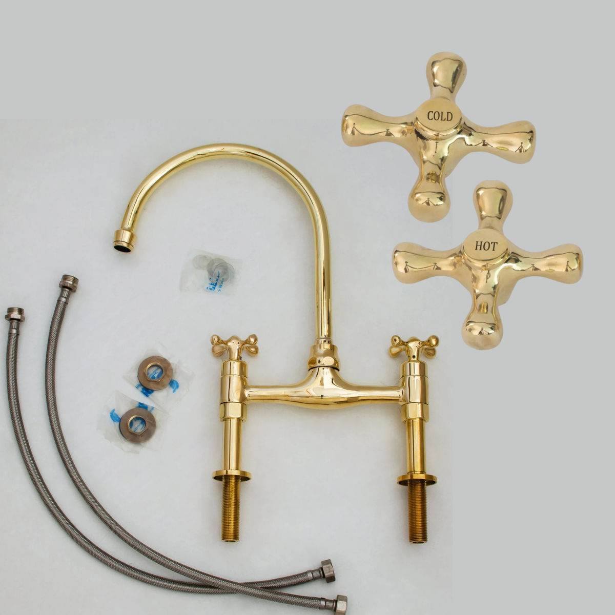 Bridgeford - Unlacquered Solid Brass Bridge Kitchen Faucet, Hot & Cold Handles