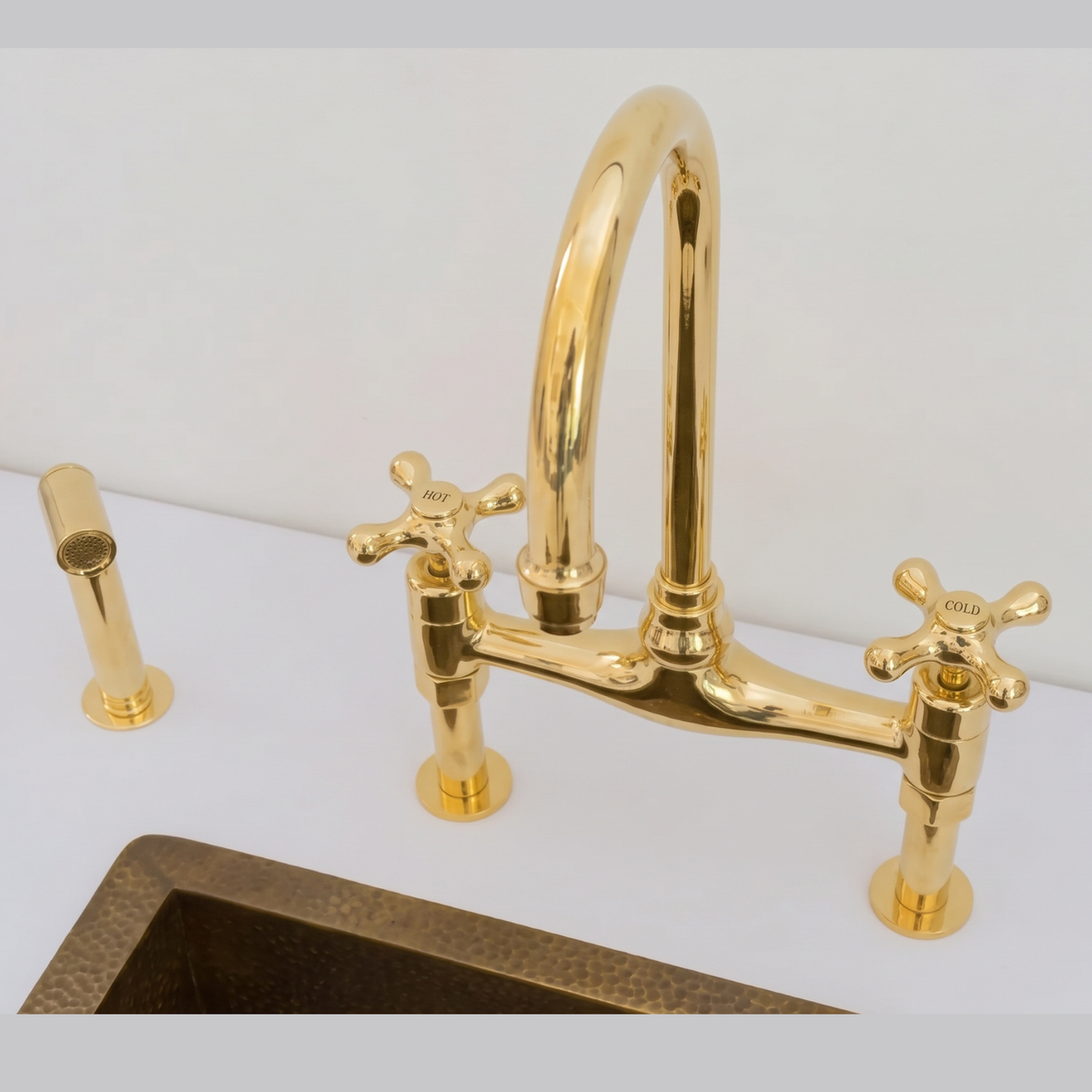 Bridgeford - Unlacquered Solid Brass Bridge Kitchen Faucet, Hot & Cold Handles