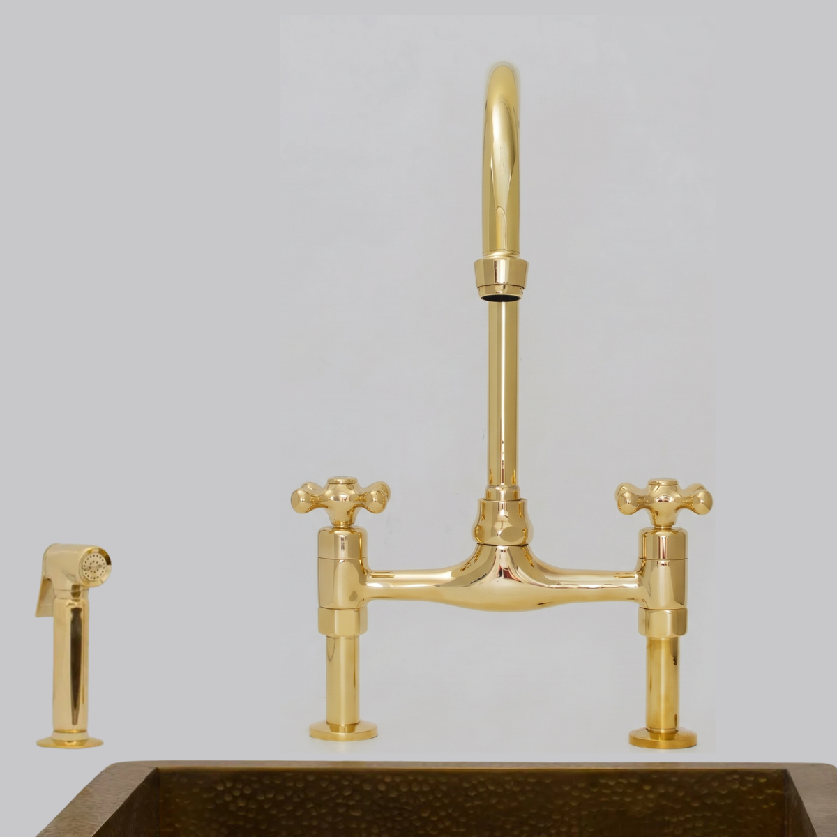 Bridgeford - Unlacquered Solid Brass Bridge Kitchen Faucet, Hot & Cold Handles