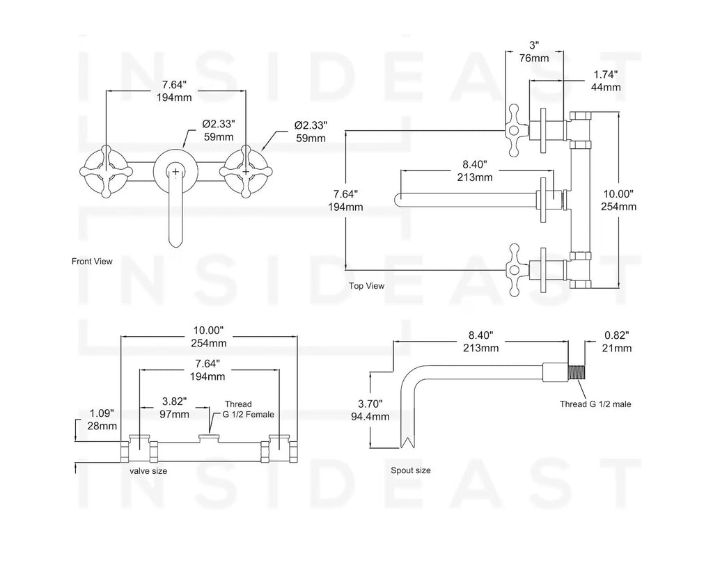 Unlacquered Brass Vintage Wall Mounted Bathroom Faucet with Gold Engraved Finish & Cross Handles