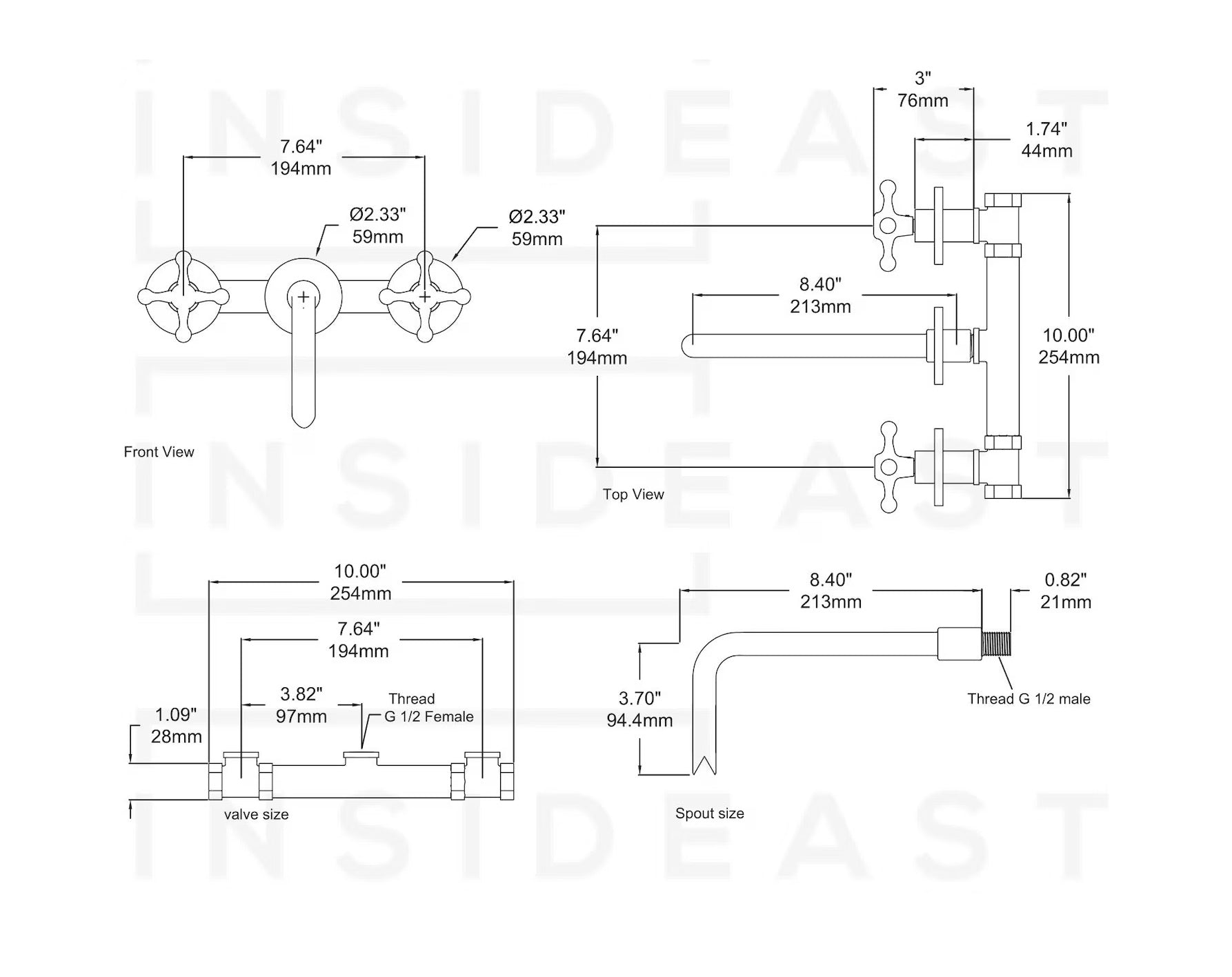 Unlacquered Brass Vintage Wall Mounted Bathroom Faucet with Gold Engraved Finish & Cross Handles