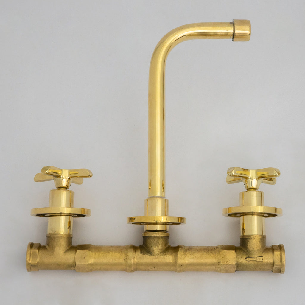 Unlacquered Brass Wall Mounted Bathroom Vessel Sink, Built In Vanity Faucet With Cross Handles