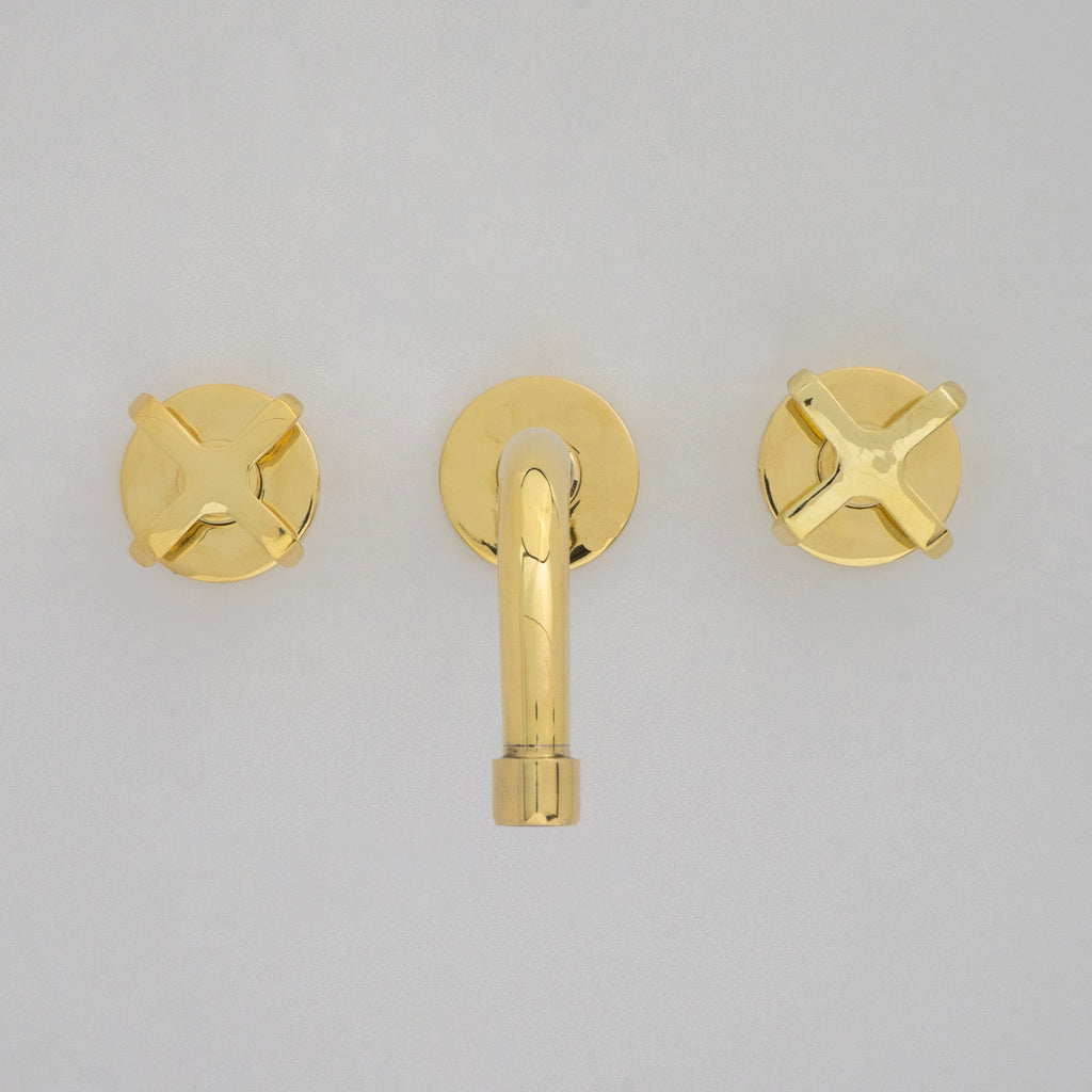 Unlacquered Brass Wall Mounted Bathroom Vessel Sink, Built In Vanity Faucet With Cross Handles