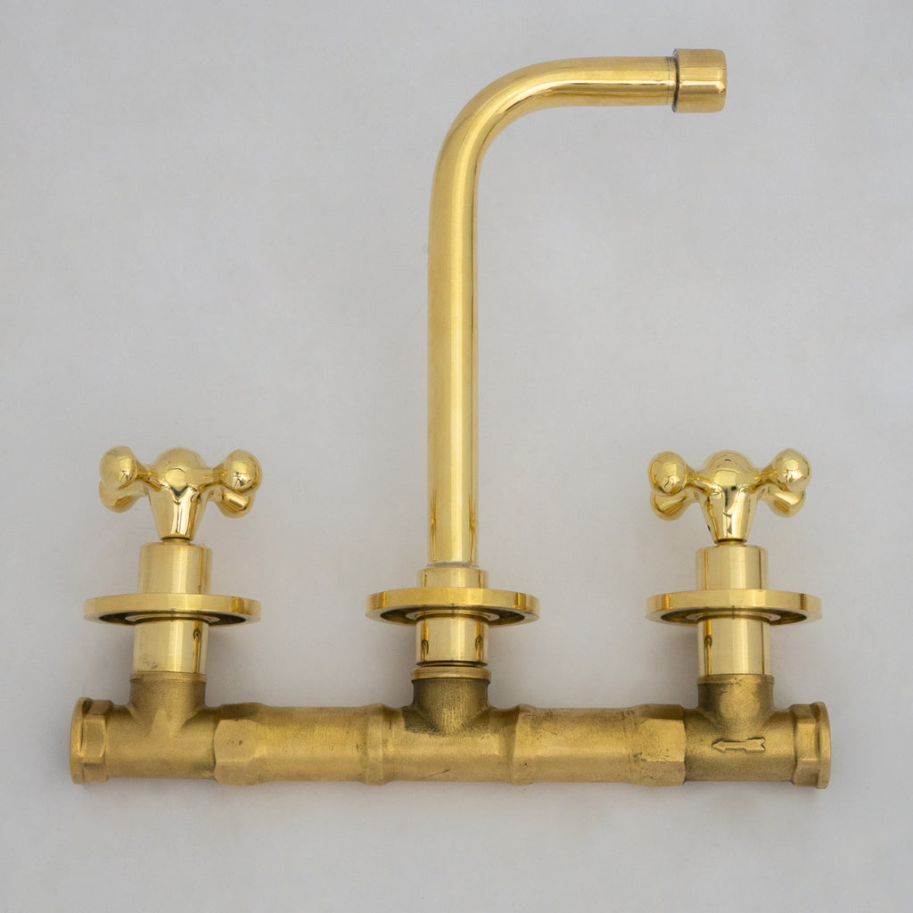 Unlacquered Brass Wall Mounted Bathroom Vessel Sink, Built In Vanity Faucet With Cross Handles
