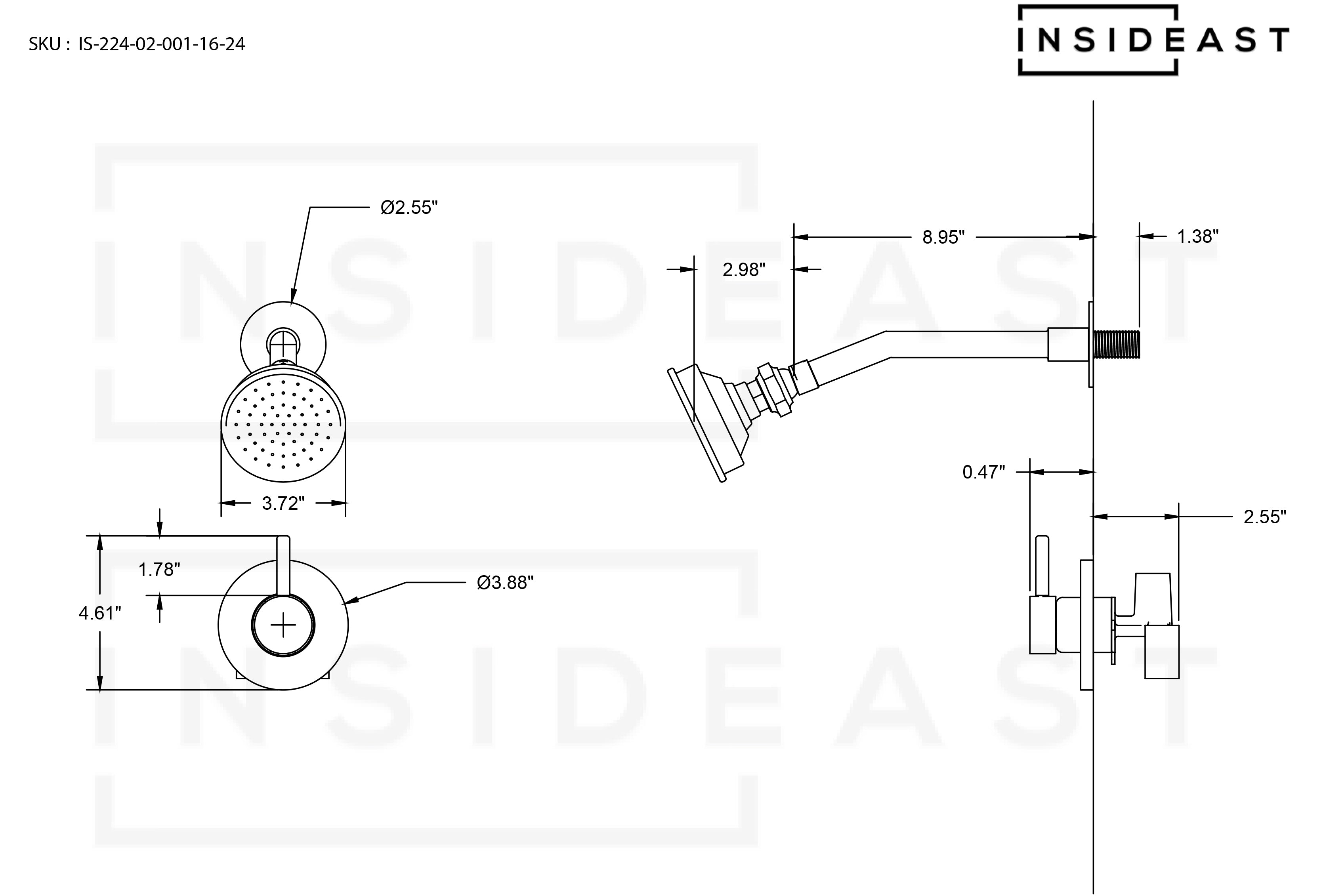 Built-in Solid Brass Shower, Unlacquered Brass Swiveling Showerhead, Rainfall Shower