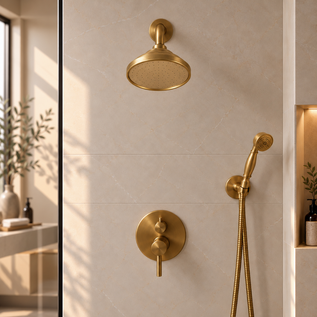 Système de douche encastré en laiton brut | Pomme de douche et douchette à main inclinées | Ensemble dissimulé à 2 sorties