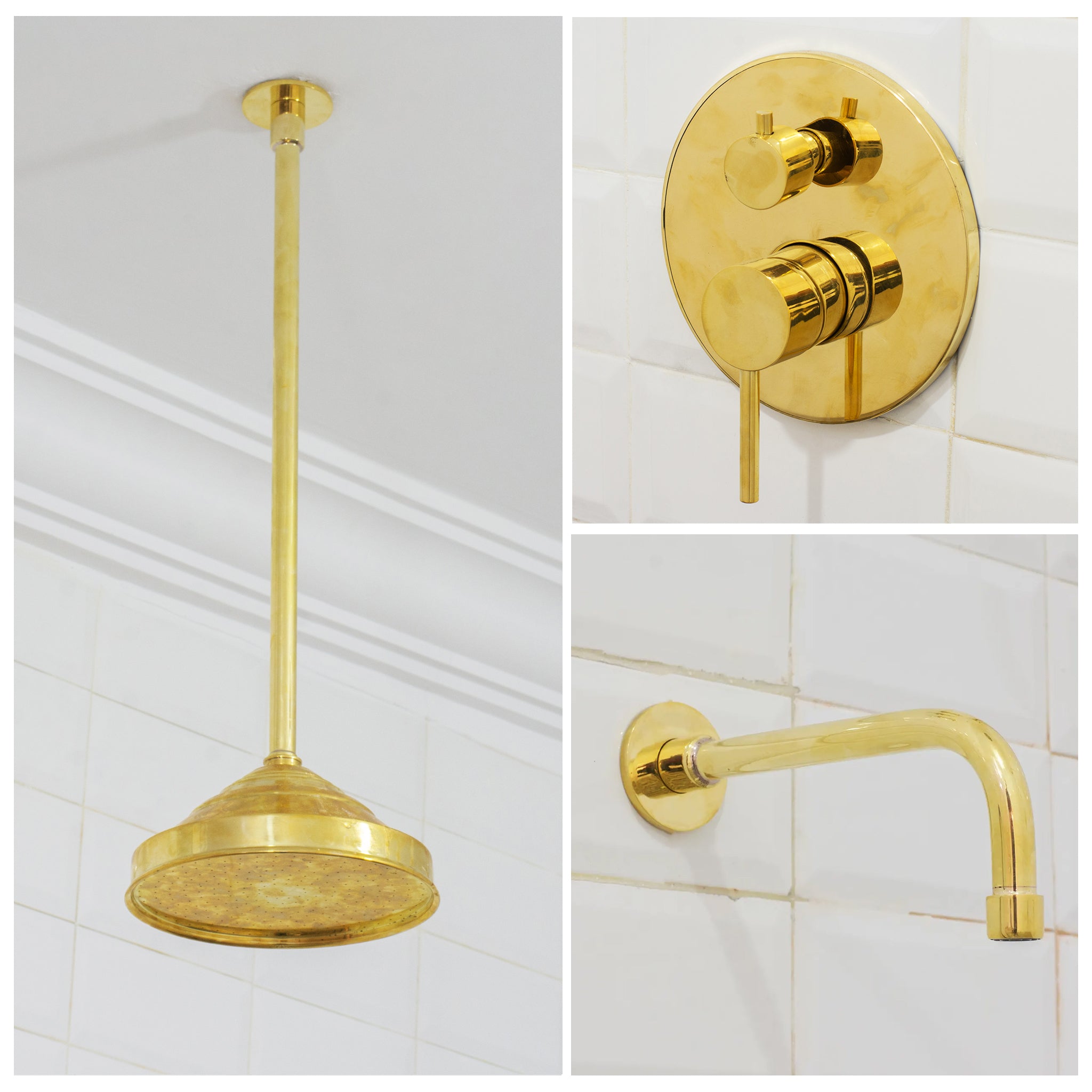Unlacquered Brass Ceiling Shower System, 2-Outlet Shower, Overhead Shower With Tub Filler, Ceiling Mount Showerhead with Tub Faucet
