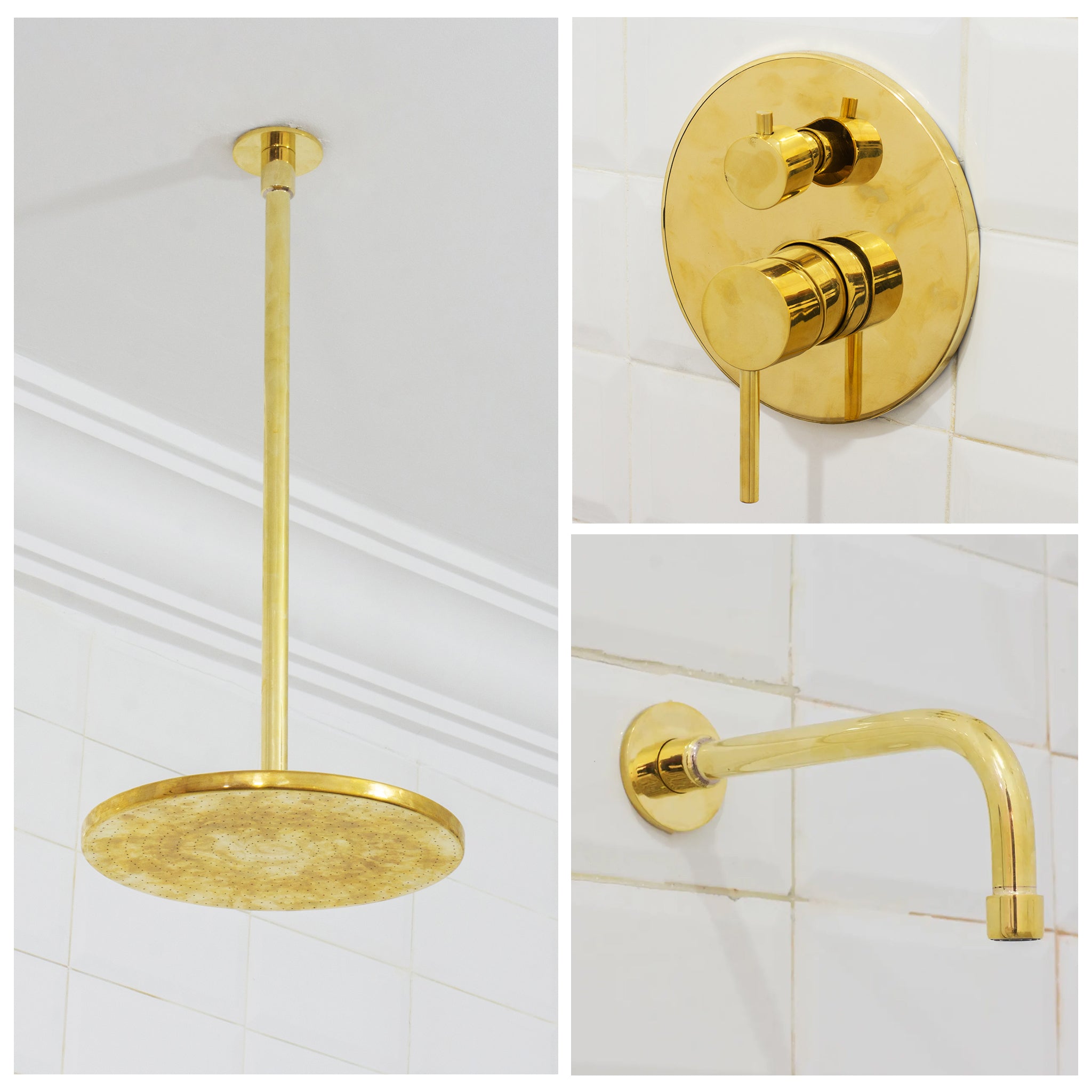 Unlacquered Brass Ceiling Shower System, 2-Outlet Shower, Overhead Shower With Tub Filler, Ceiling Mount Showerhead with Tub Faucet