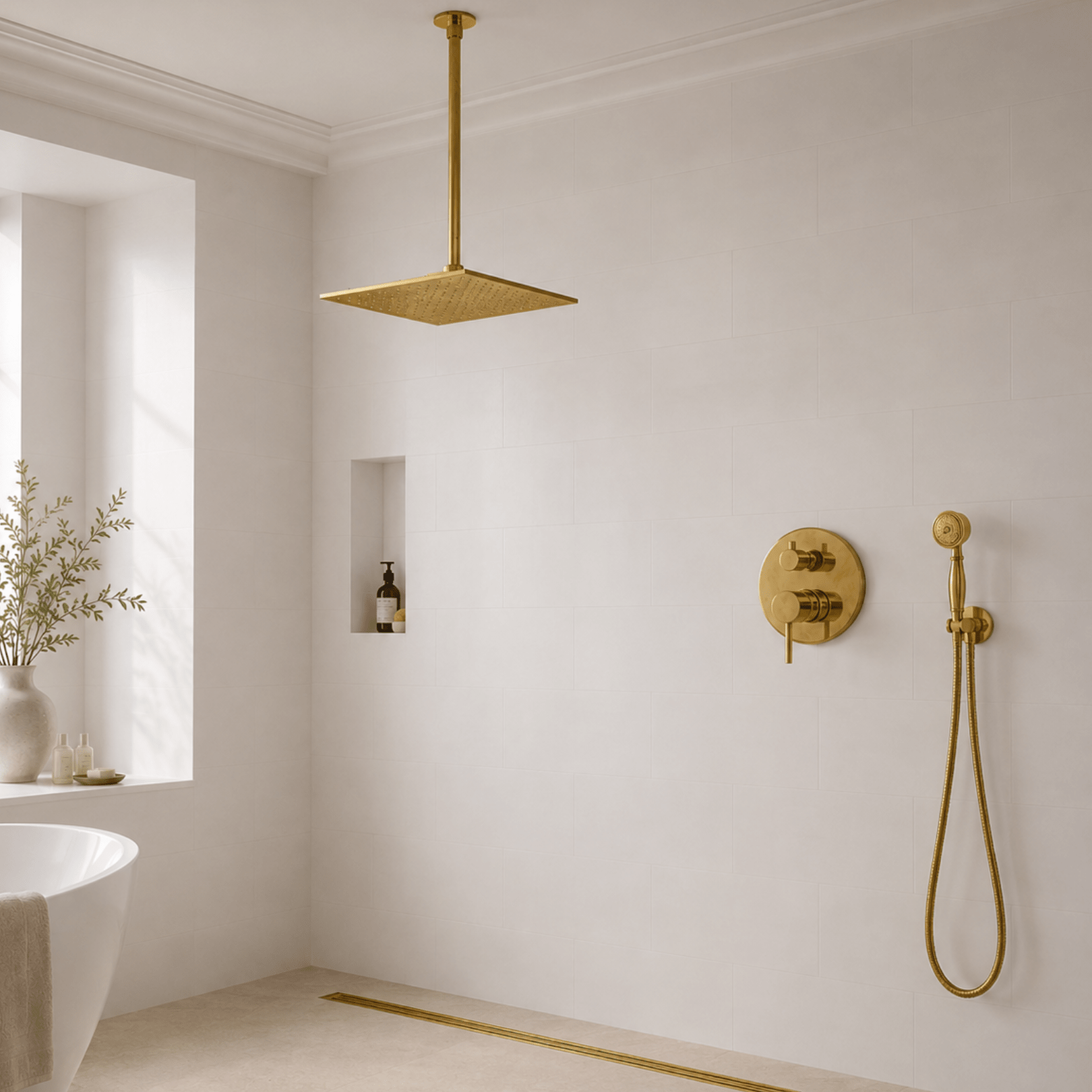 Unlacquered Brass 2 - Outlet Shower, Ceiling Shower System, Overhead Shower With Handheld, Ceiling Mount Showerhead And Hand Shower - Insideast