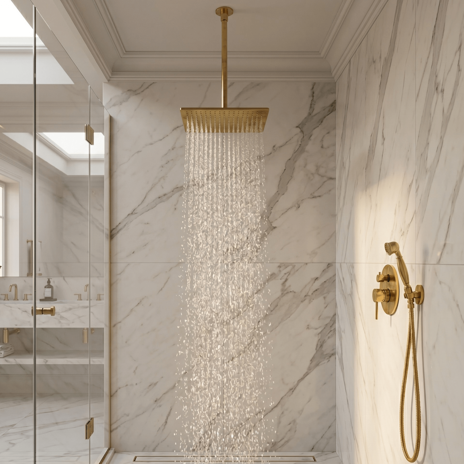 Unlacquered Brass 2 - Outlet Shower, Ceiling Shower System, Overhead Shower With Handheld, Ceiling Mount Showerhead And Hand Shower - Insideast