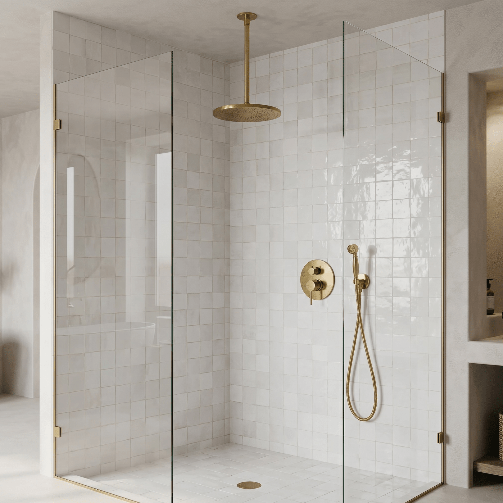 Unlacquered brass ceiling-mount shower system with handheld sprayer