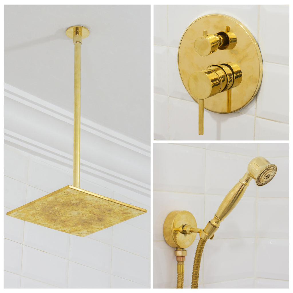 Unlacquered Brass 2-Outlet Shower, Ceiling Shower System, Overhead Shower With Handheld, Ceiling Mount Showerhead And Hand Shower