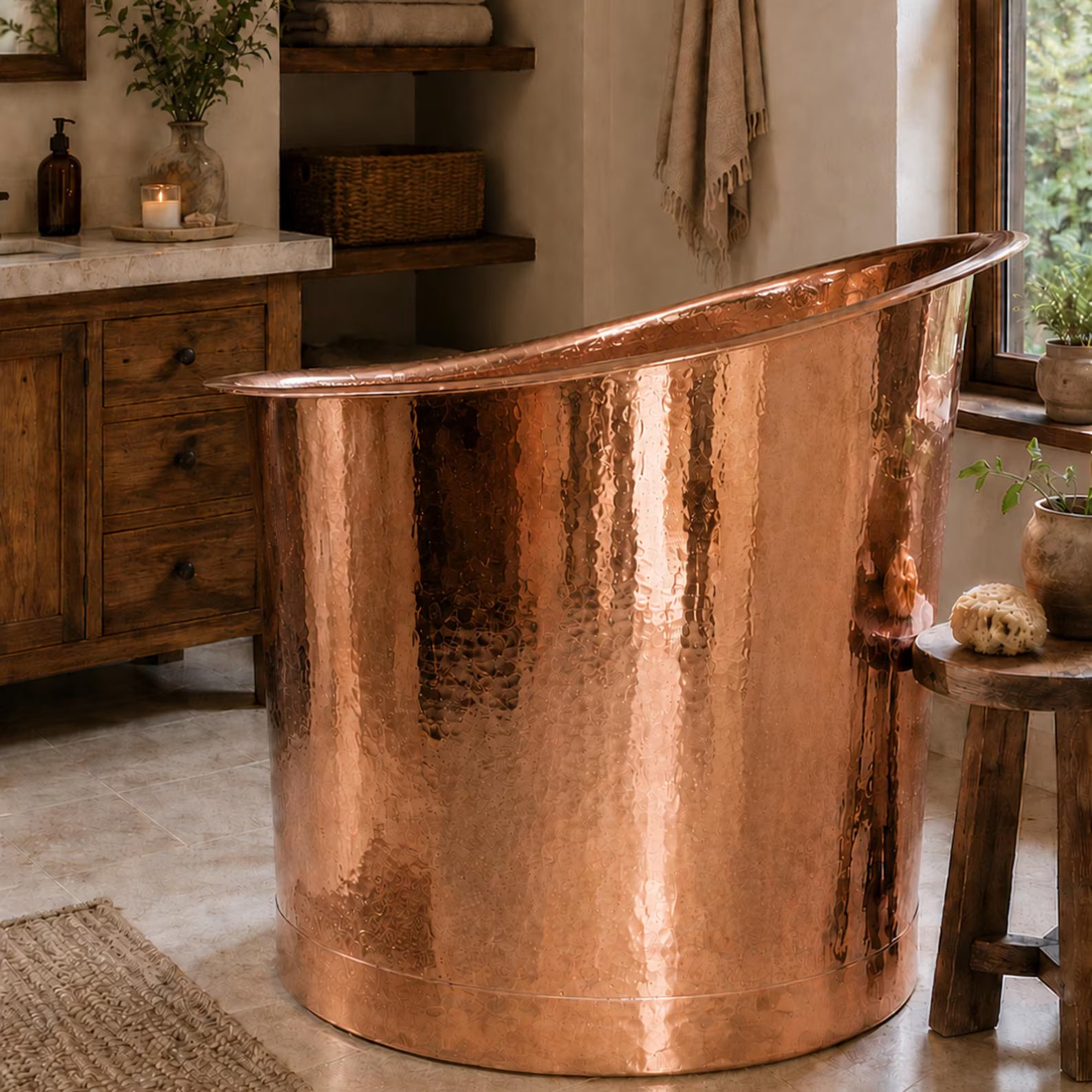 Hand-Hammered Copper Cold Plunge Tub | Solid Copper Ice Bath Barrel | Japanese Soaking Tub