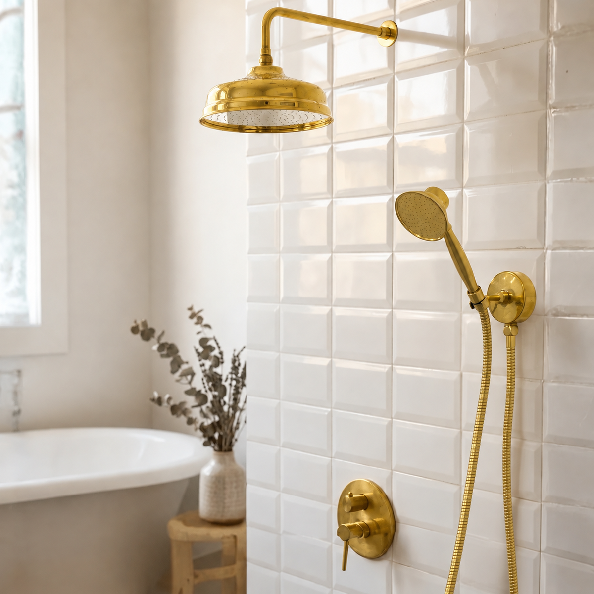 Unlacquered Brass Concealed Shower System, 12" Rain Shower Head, 2-Way Diverter & Large Handheld