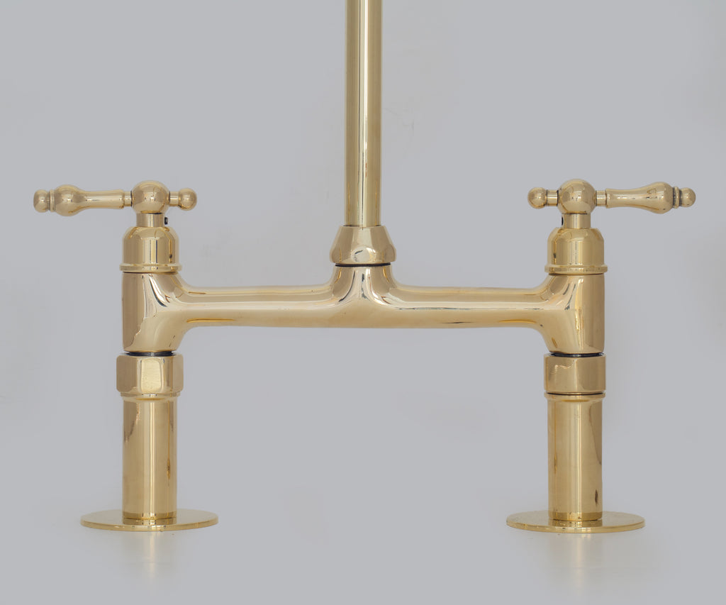 Traditional 8″ Brass Bridge Kitchen Faucet with Square Spout | Two Handles