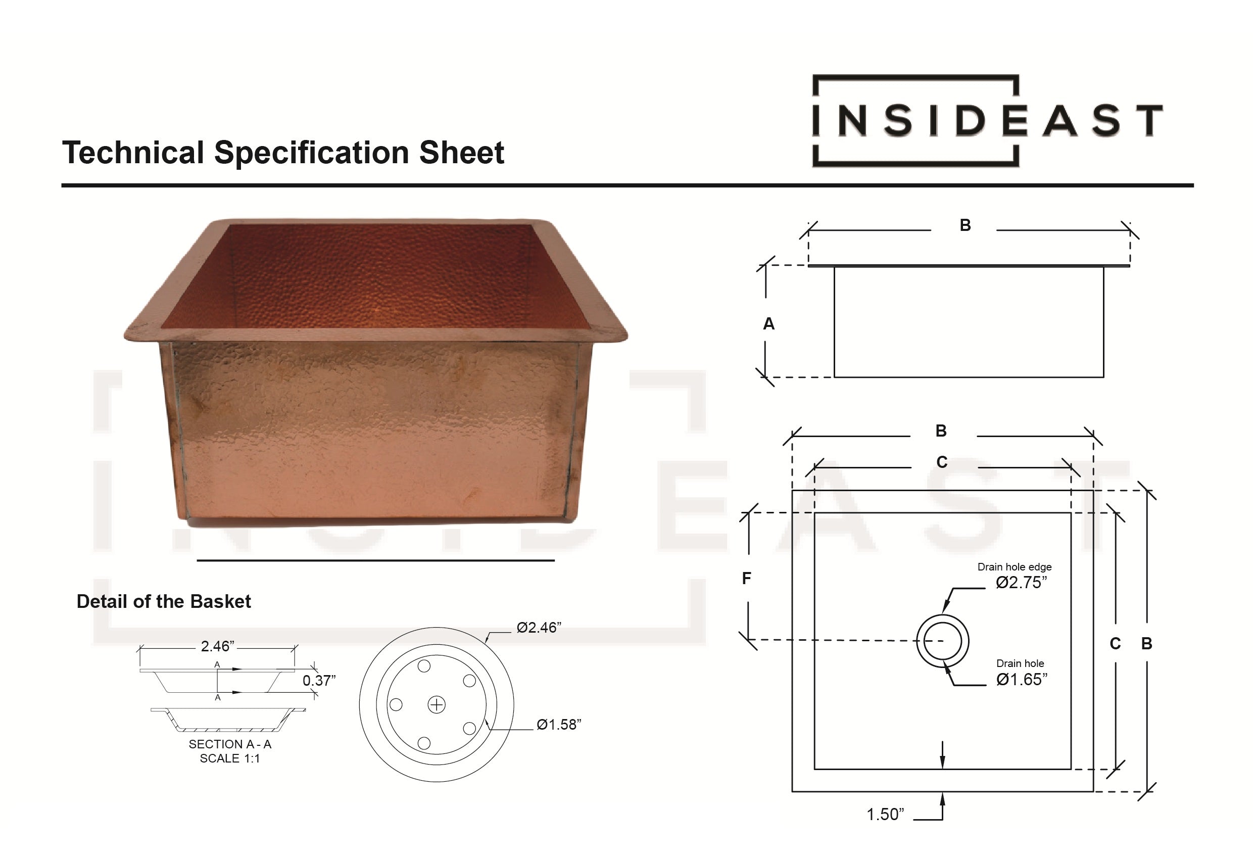 Solid Copper Undermount Hammered Sink | Kitchen Sink - Island Sink - Outdoor Sink