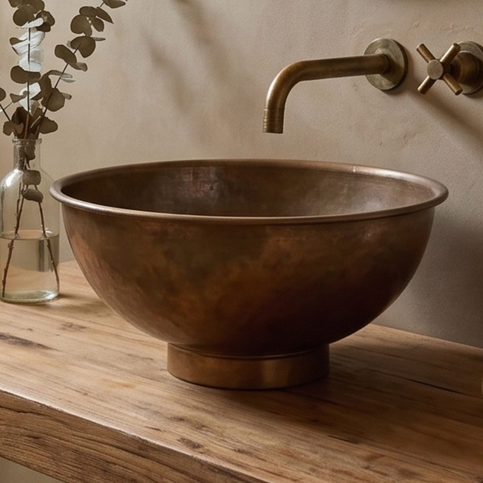 Copper Vessel Sink Basin Solid Bathroom Vessel Vanity, Light Hammered