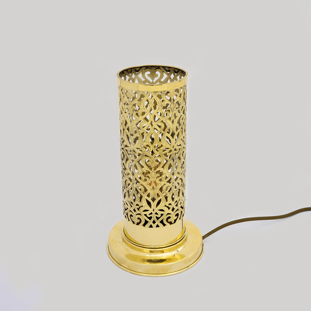 Unlacquered Brass Table Light, Pierced Bedside Lamp, Brass Cylinder Base Lamp