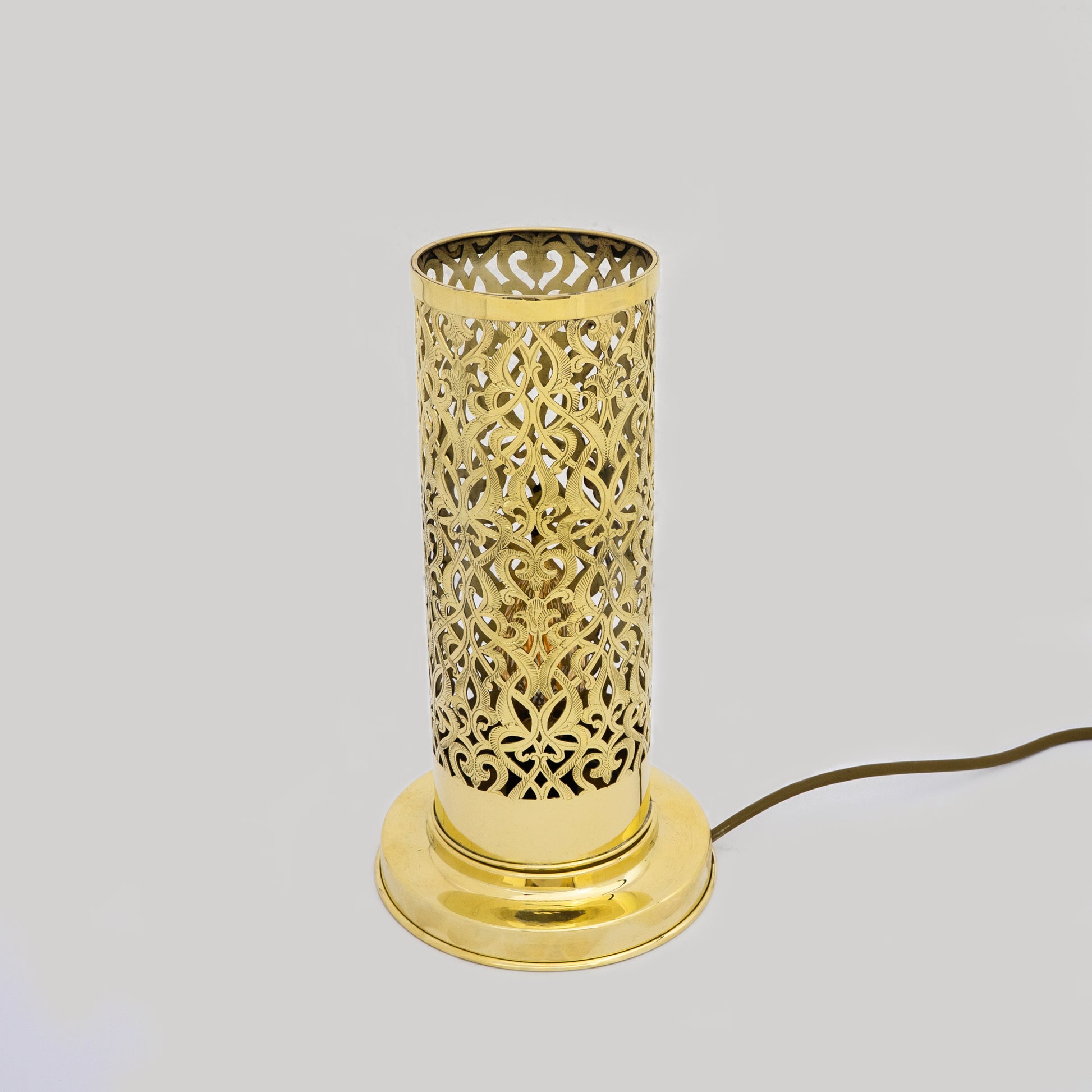 Unlacquered Brass Table Light, Pierced Bedside Lamp, Brass Cylinder Base Lamp