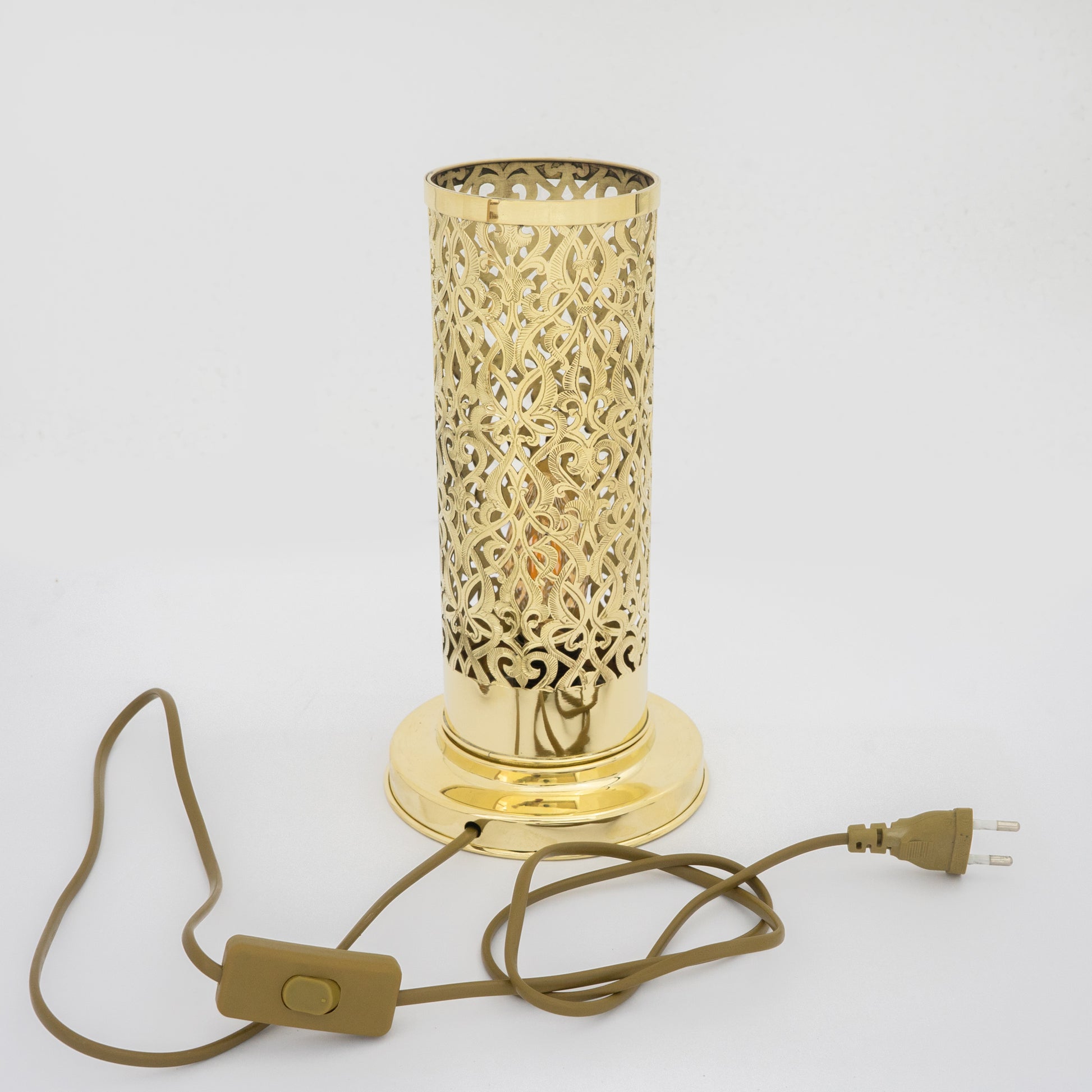 Unlacquered Brass Table Light, Pierced Bedside Lamp, Brass Cylinder Base Lamp