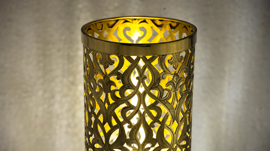 Unlacquered Brass Table Light, Pierced Bedside Lamp, Brass Cylinder Base Lamp