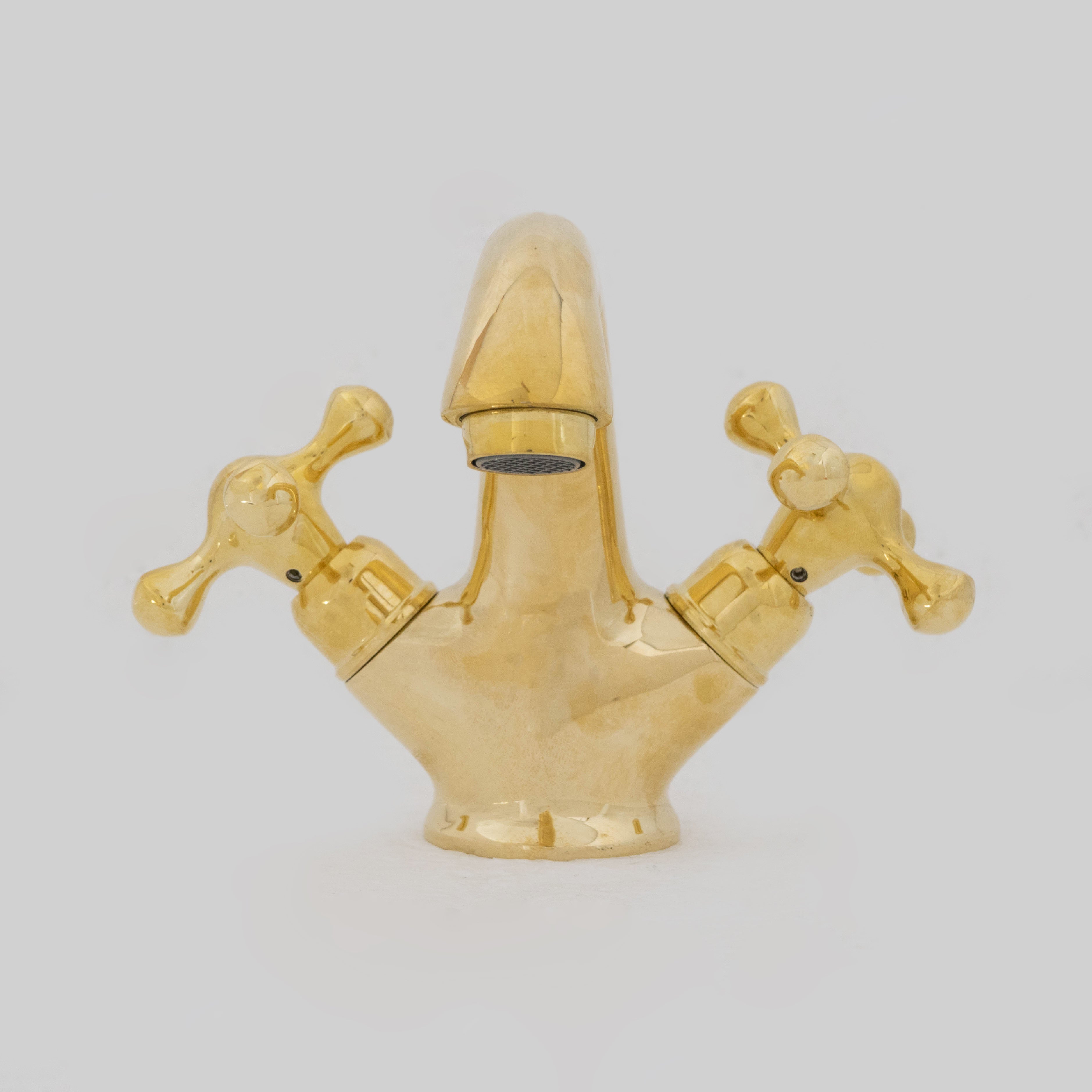 Single-Hole Unlacquered Brass Bathroom Sink Vanity Faucet with Double Simple Cross Handles