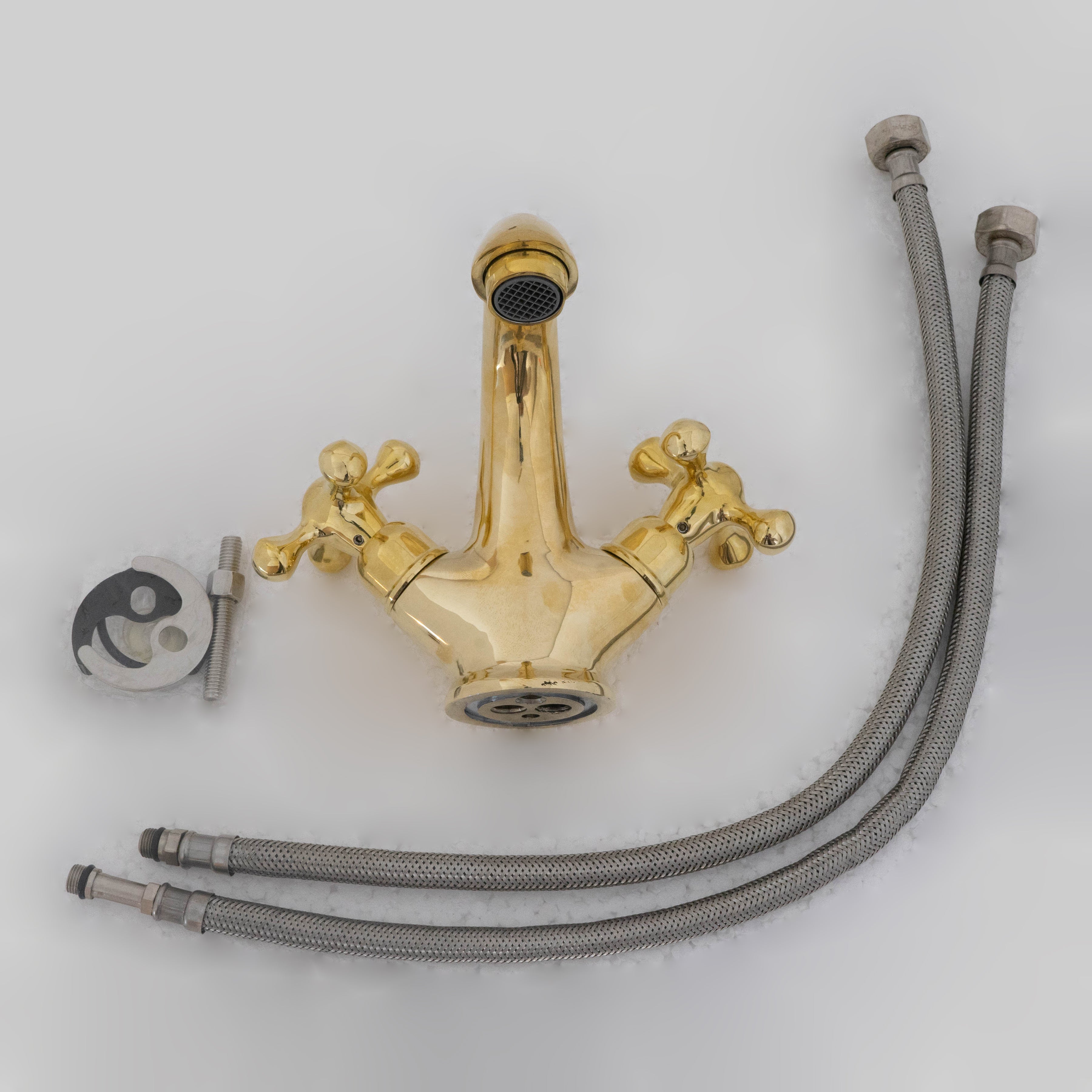 Single-Hole Unlacquered Brass Bathroom Sink Vanity Faucet with Double Simple Cross Handles