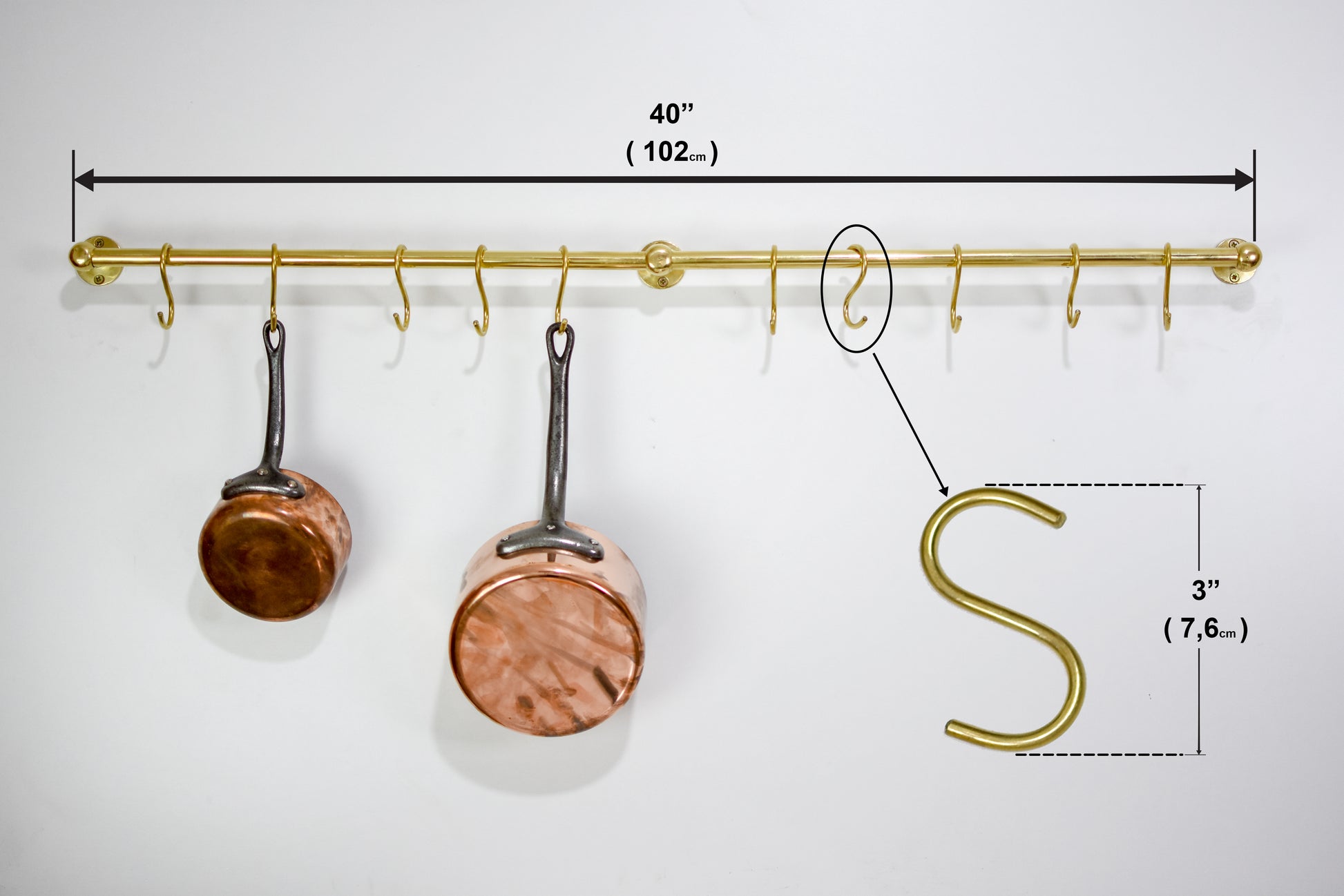 Unlacquered Brass Kitchen Rods, Pot Rail With S Hooks, Pan Rack organizer, Wall Mounted Brass Kitchen Rod with Hooks