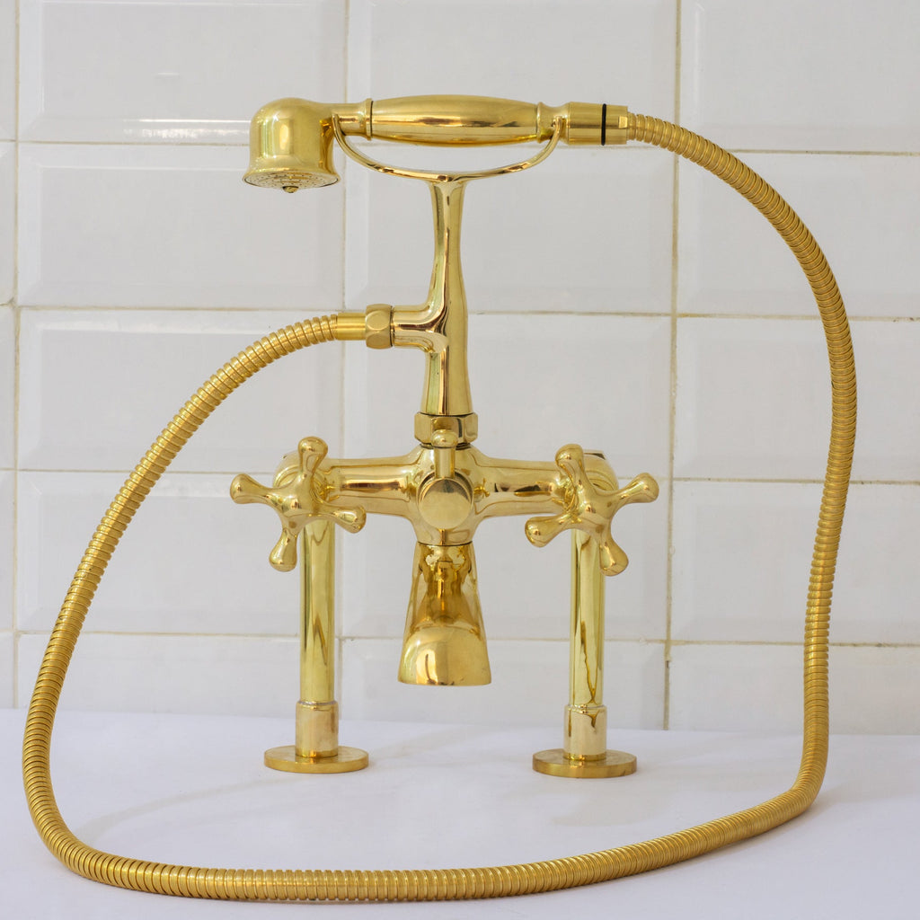 Brass Telephone Tub Filler With Handheld Shower, Deck Mount Tub Filler Handshower, Brass Tub Faucet, 3-Handle Telephone Faucet