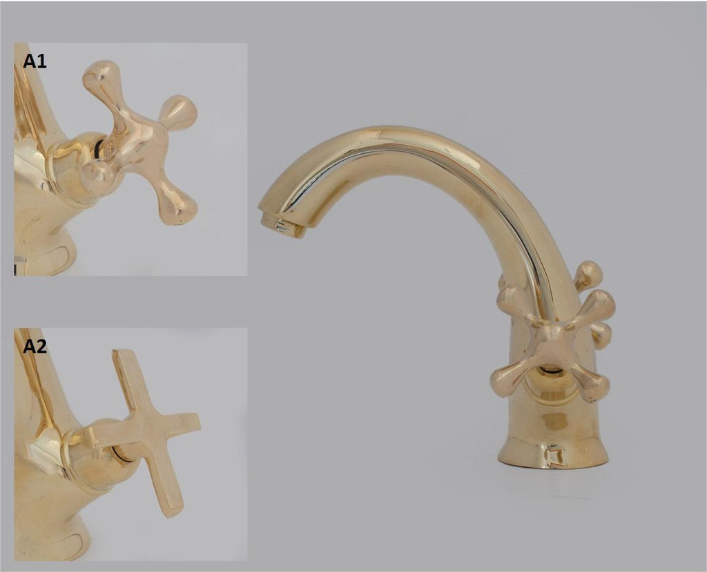 Single-Hole Unlacquered Brass Bathroom Sink Vanity Faucet with Double Simple Cross Handles